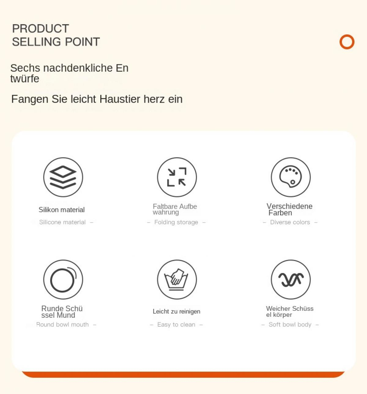 Produkt-Verkaufsargumente: Silikon, faltbar, verschiedene Farben, runder Mund, leicht zu reinigen, weicher Körper.