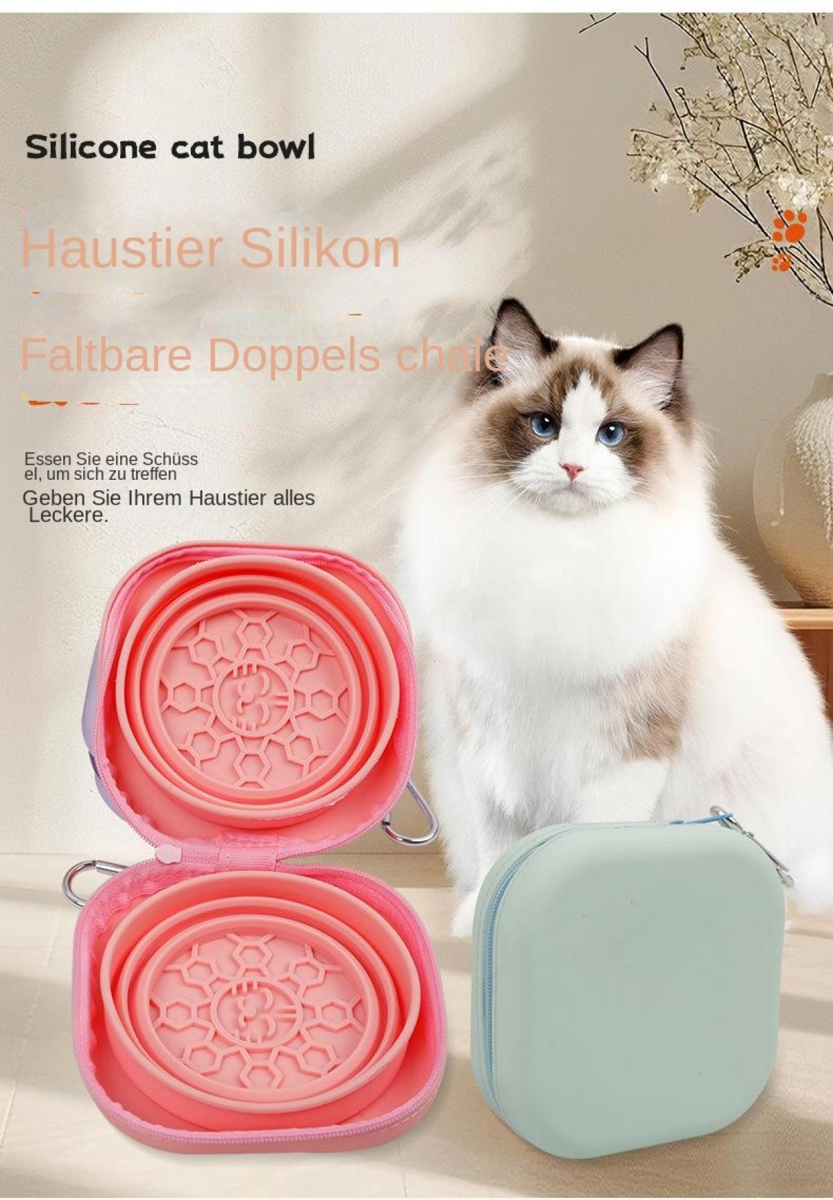 Ein flauschiges Katzenfutterset mit pinken und mintgrünen Behältern.