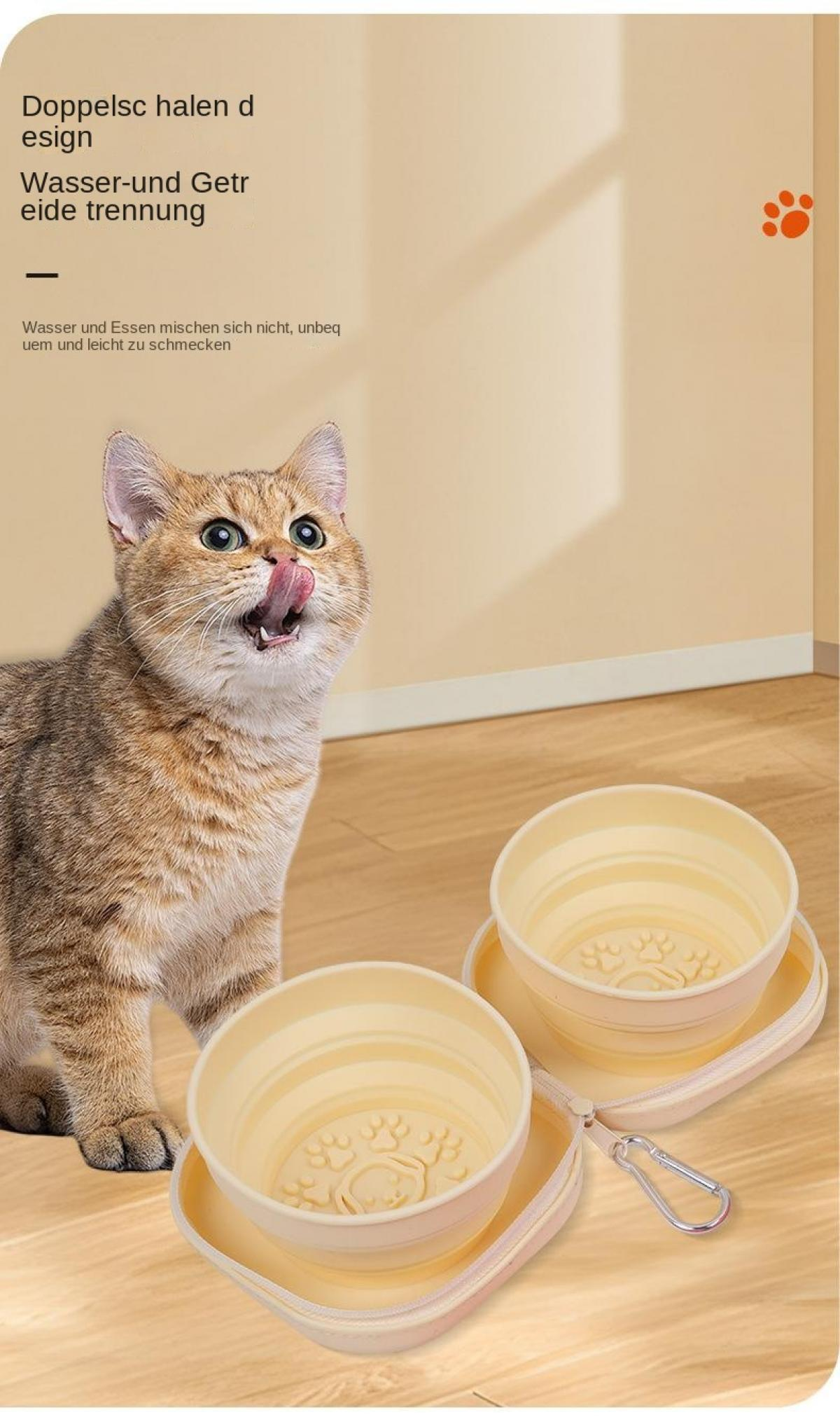 Eine Katze leckt sich die Lippen neben zwei gelben Futternäpfen.