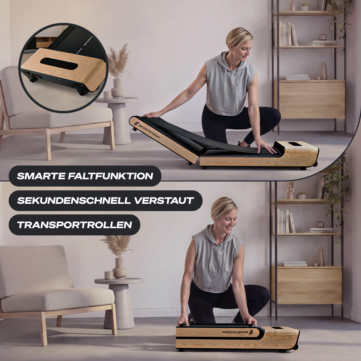 Frau faltet ein Laufband mit Holzverkleidung zusammen. Es hat Transportrollen.