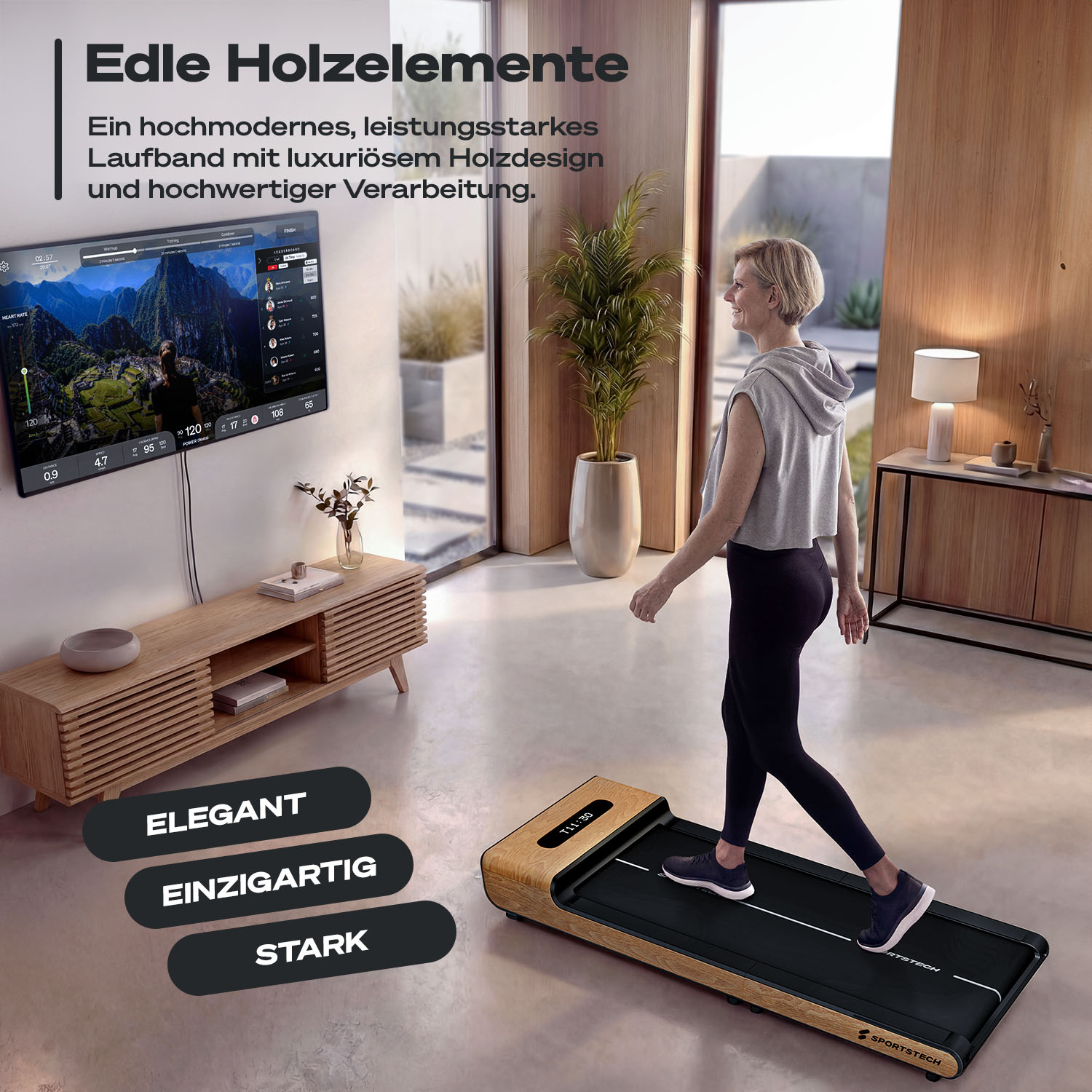 Frau geht auf einem Holz-Laufband, daneben ein Fernseher und Möbel.