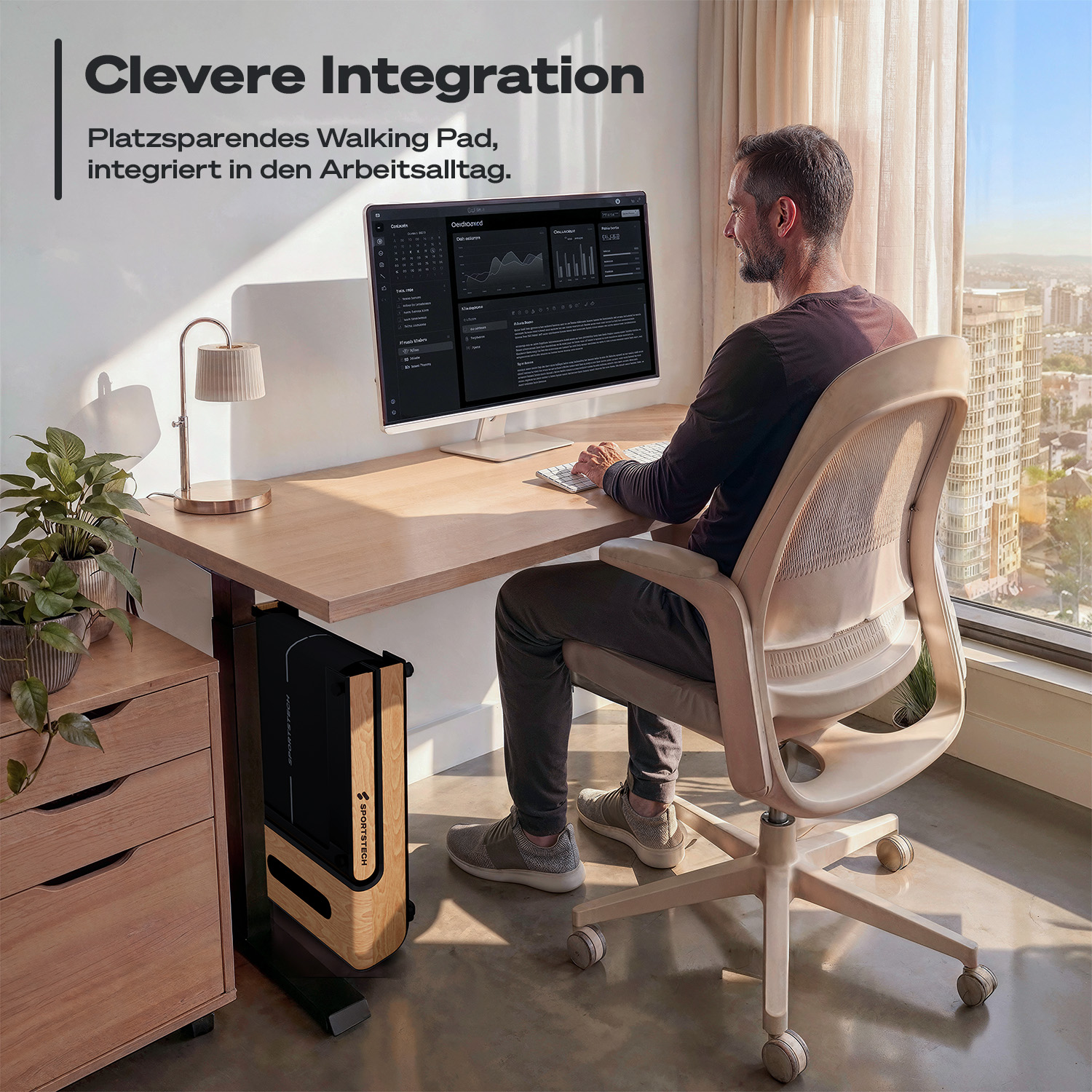 Mann am Schreibtisch mit Computer und zusammengeklapptem Laufband unter dem Schreibtisch. Stadtblick.