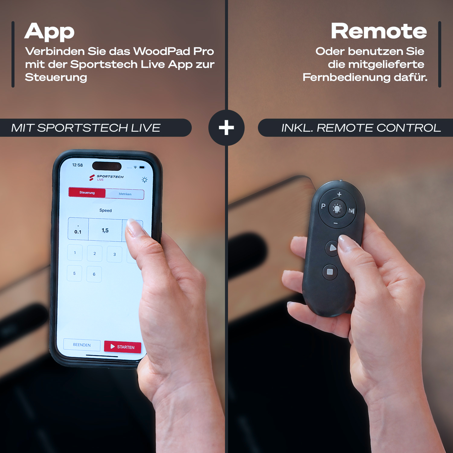 App und Fernbedienung für das WoodPad Pro: Steuerung per Smartphone oder Fernbedienung.