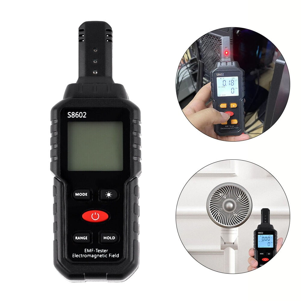 Ein schwarzes EMF-Messgerät mit Display und Tasten, das verschiedene Messungen zeigt.