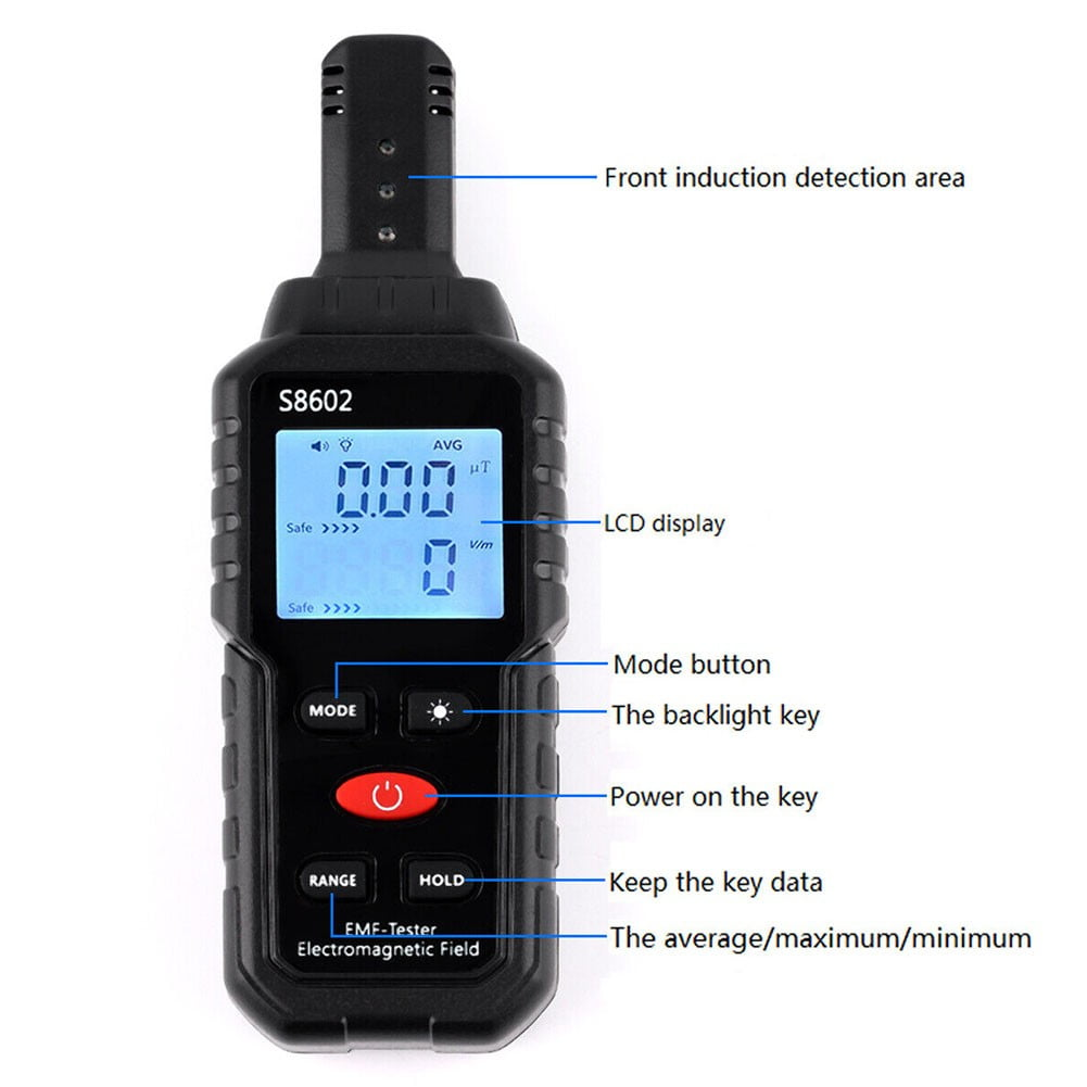 Ein schwarzes EMF-Messgerät mit LCD-Anzeige, Beschriftungen und Tasten.