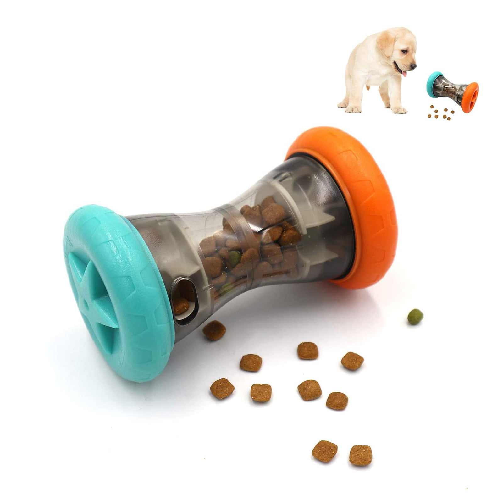 Ein Hundespielzeug gefüllt mit Futter, daneben ein Welpe.