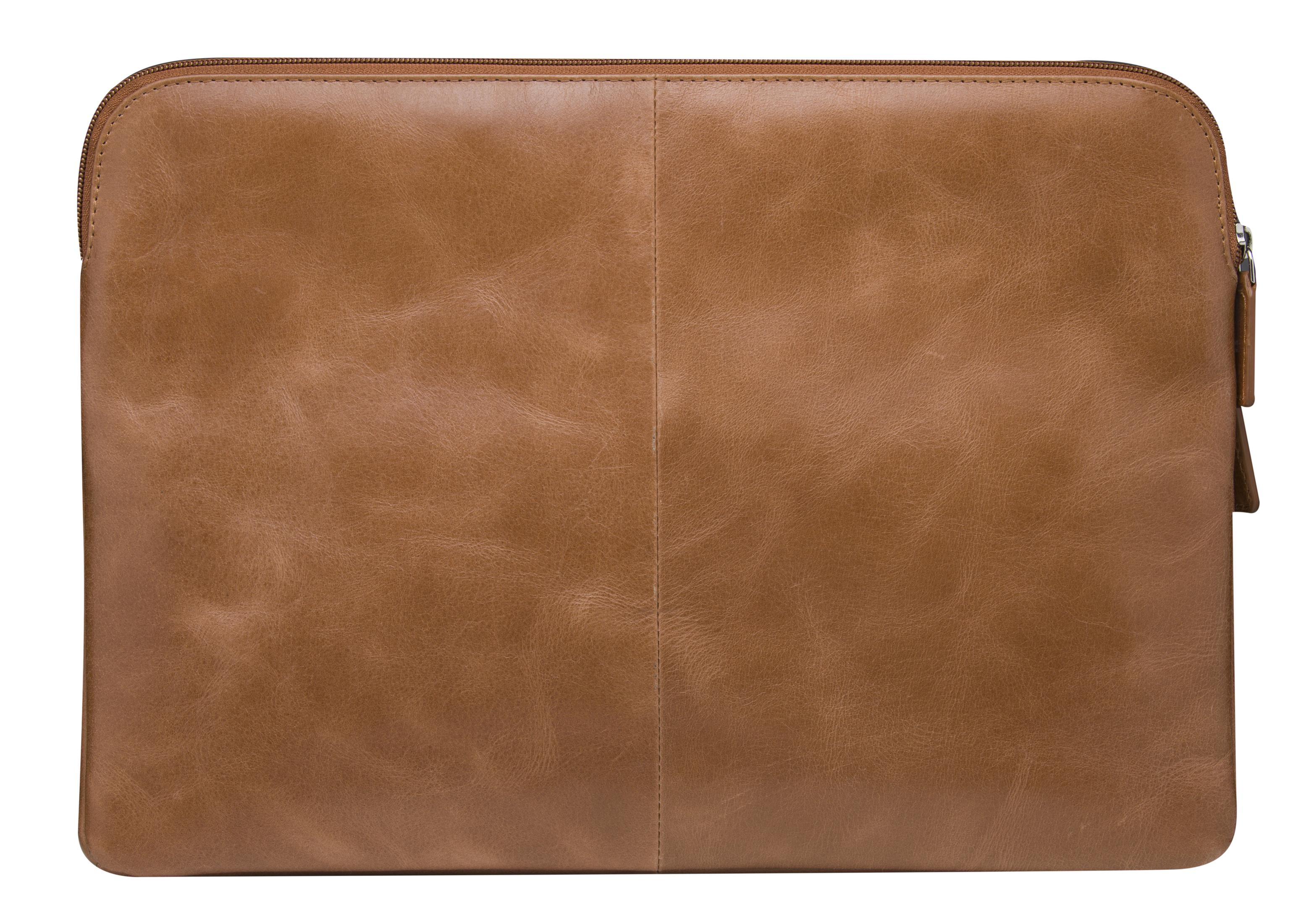 Una custodia in pelle marrone per laptop o tablet con chiusura a zip.