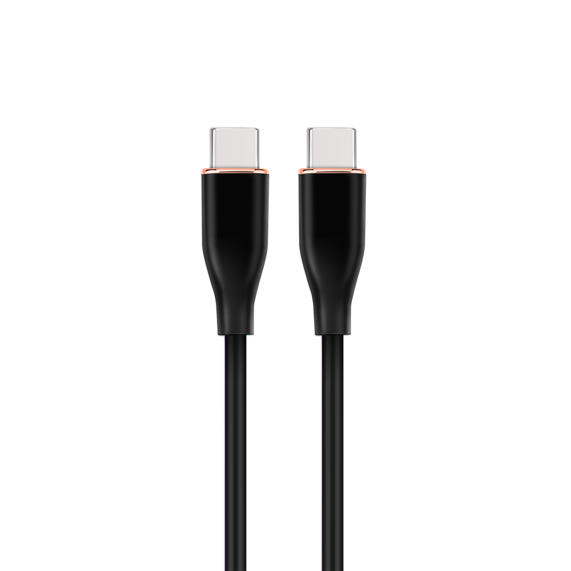 Zwei schwarze USB-C-Kabel mit silbernen Anschlüssen und roségoldenen Ringen.