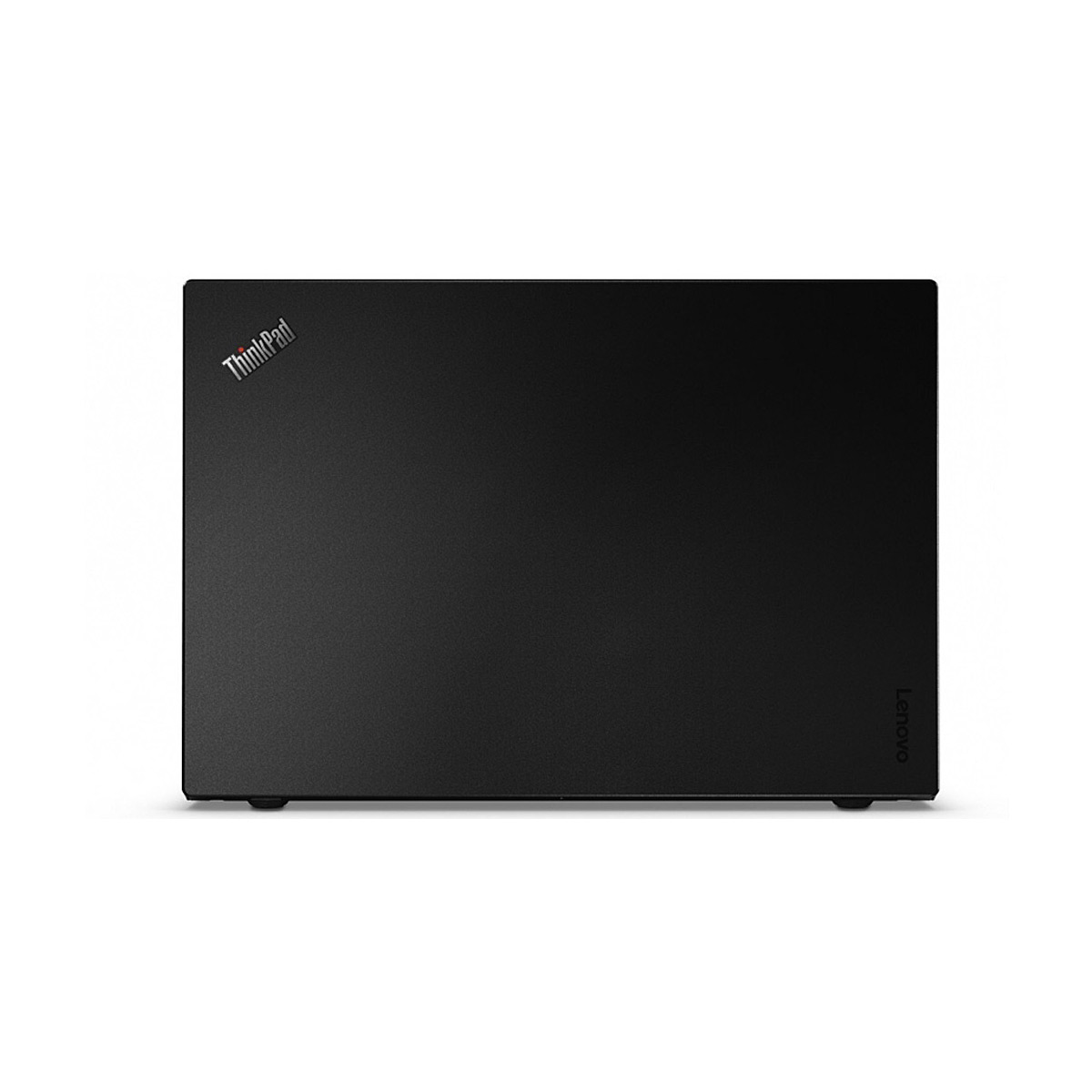 Schwarzer Laptop mit ThinkPad und Lenovo Logos. Klare Linien.