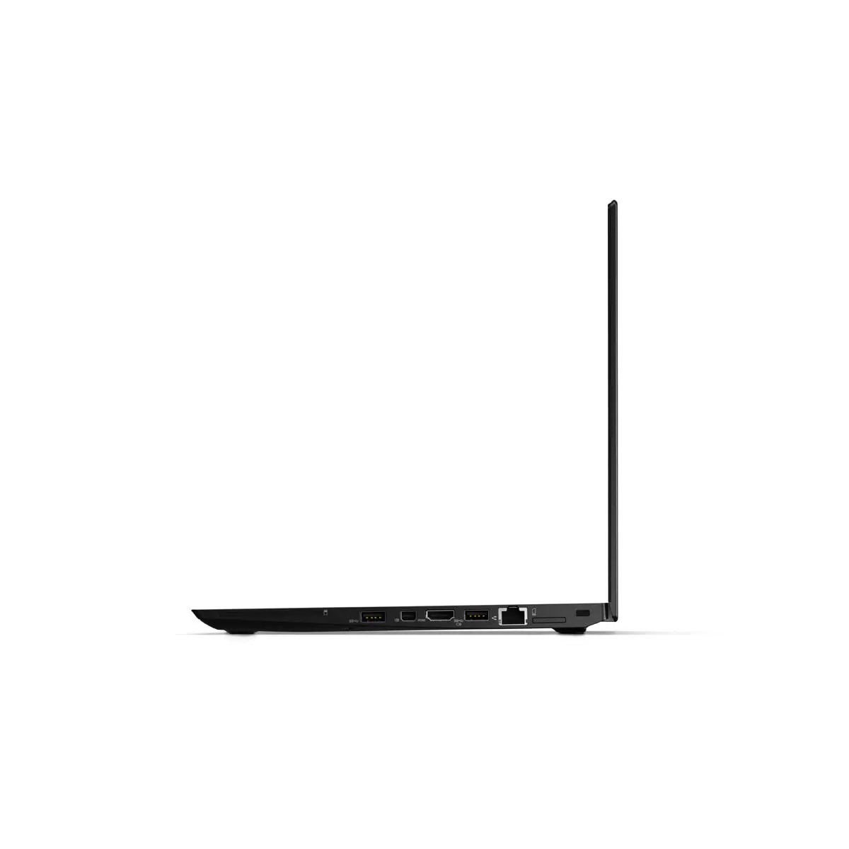 Seitenansicht eines schwarzen Laptops mit Anschlüssen wie USB und HDMI an der Kante.