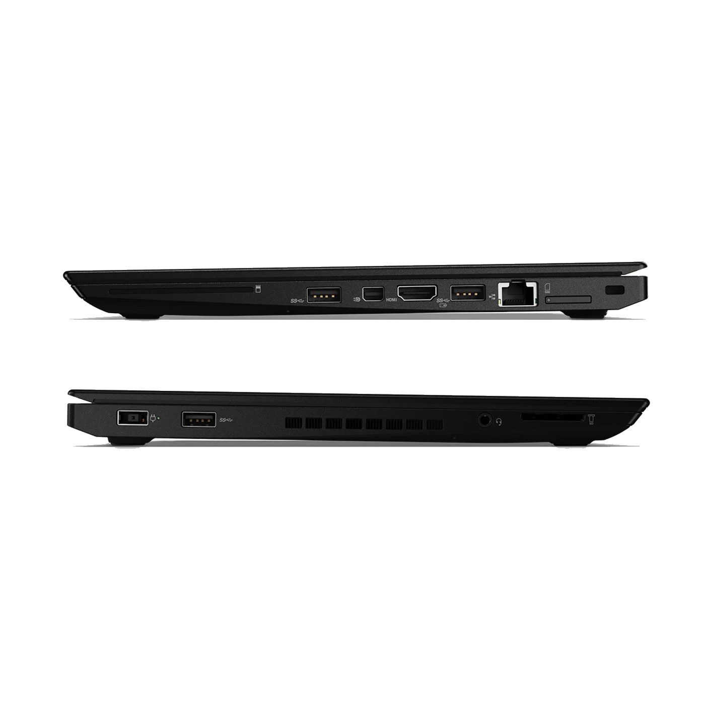 Oben und unten Ansicht eines schwarzen Laptops mit Anschlüssen an den Seiten.