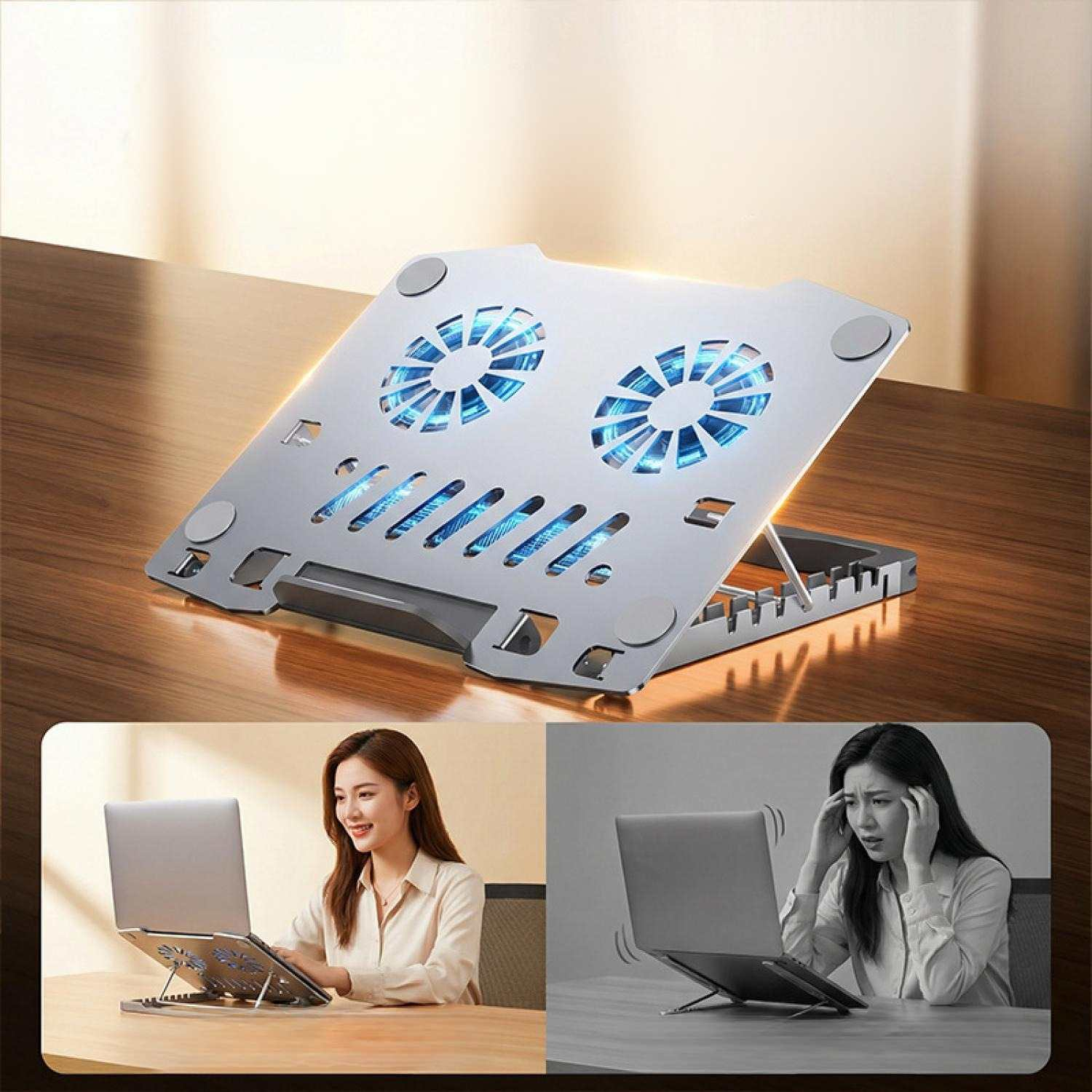 Ein Laptop-Ständer mit zwei blauen Lüftern und zwei Frauen, die Laptops benutzen.