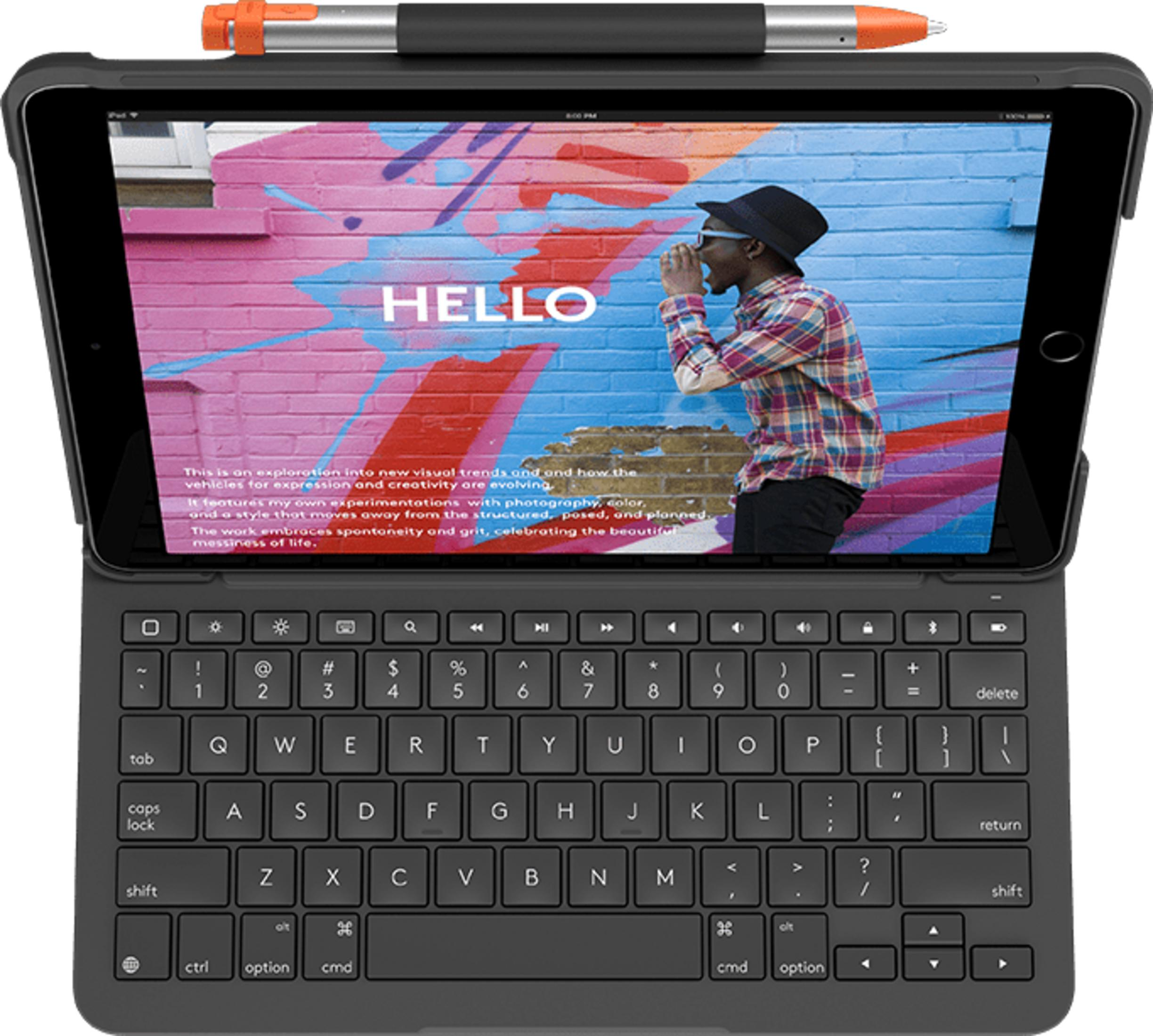 Tablet con tastiera e stilo mostra muro colorato con "HELLO" e una persona.