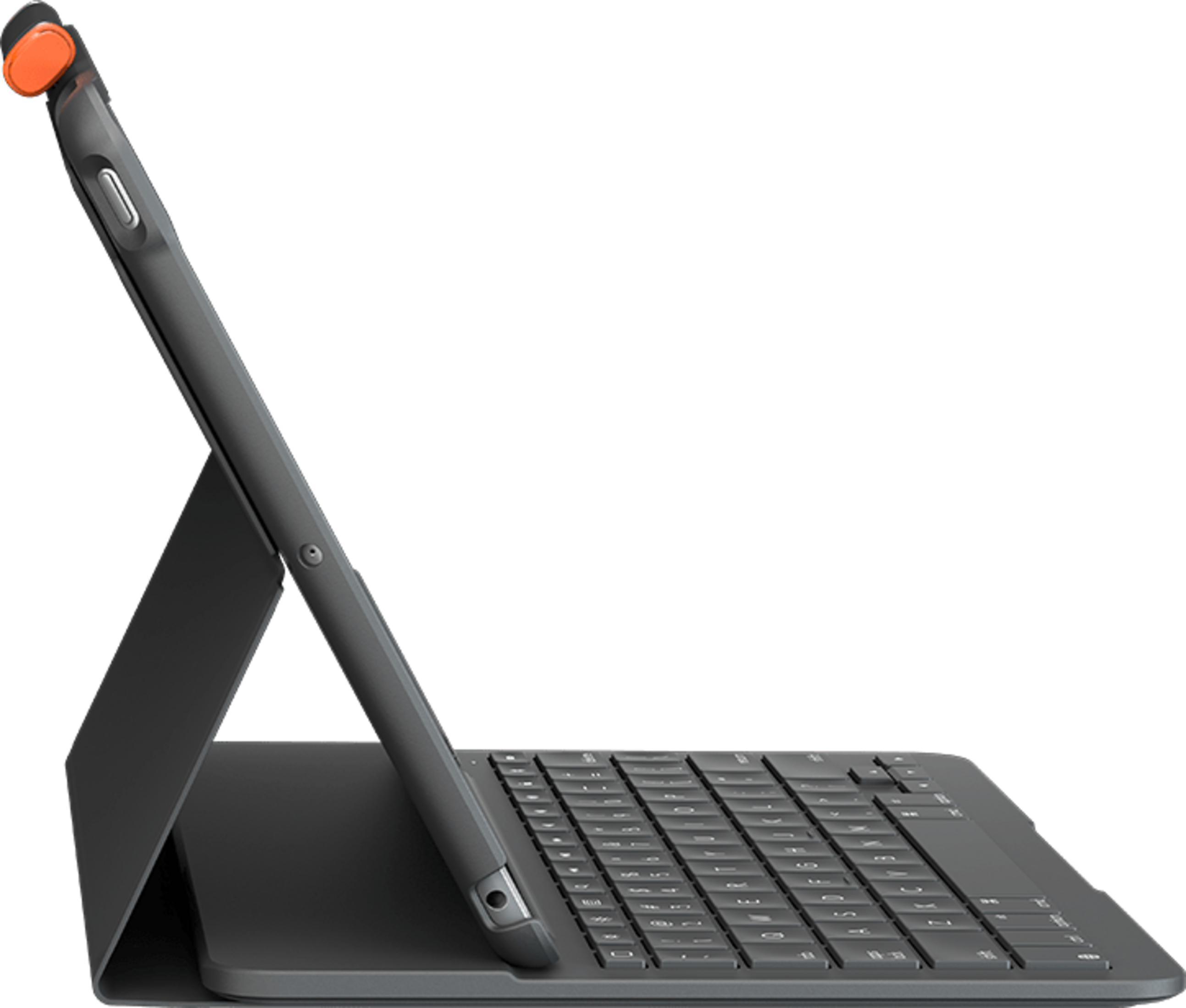 Un tablet grigio con tastiera, visto di lato, con un pulsante arancione.