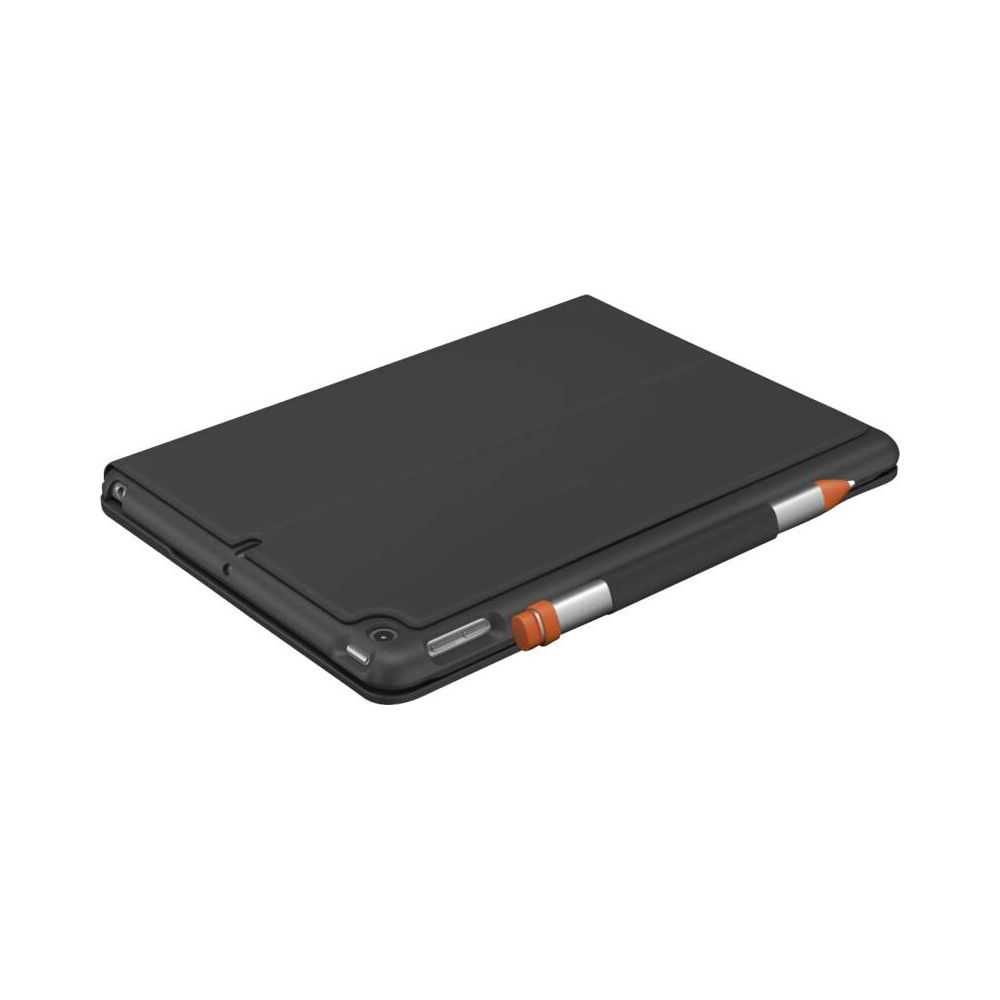 Tablet nero con porta-stylus, accento arancione, appoggiato su un lato.