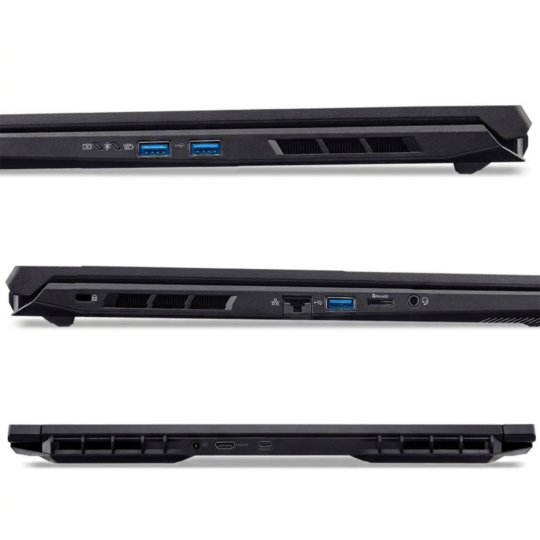 Seitenansicht eines schwarzen Laptops mit Anschlüssen: USB, HDMI, Netzteil, SD-Kartenleser.