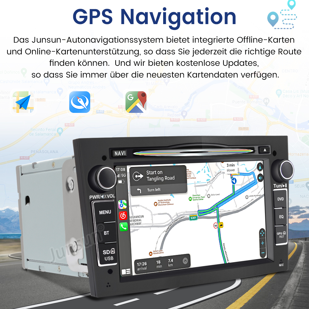 GPS-Navigationssystem mit Kartenansicht und Routenführung. Fokus auf das Display.