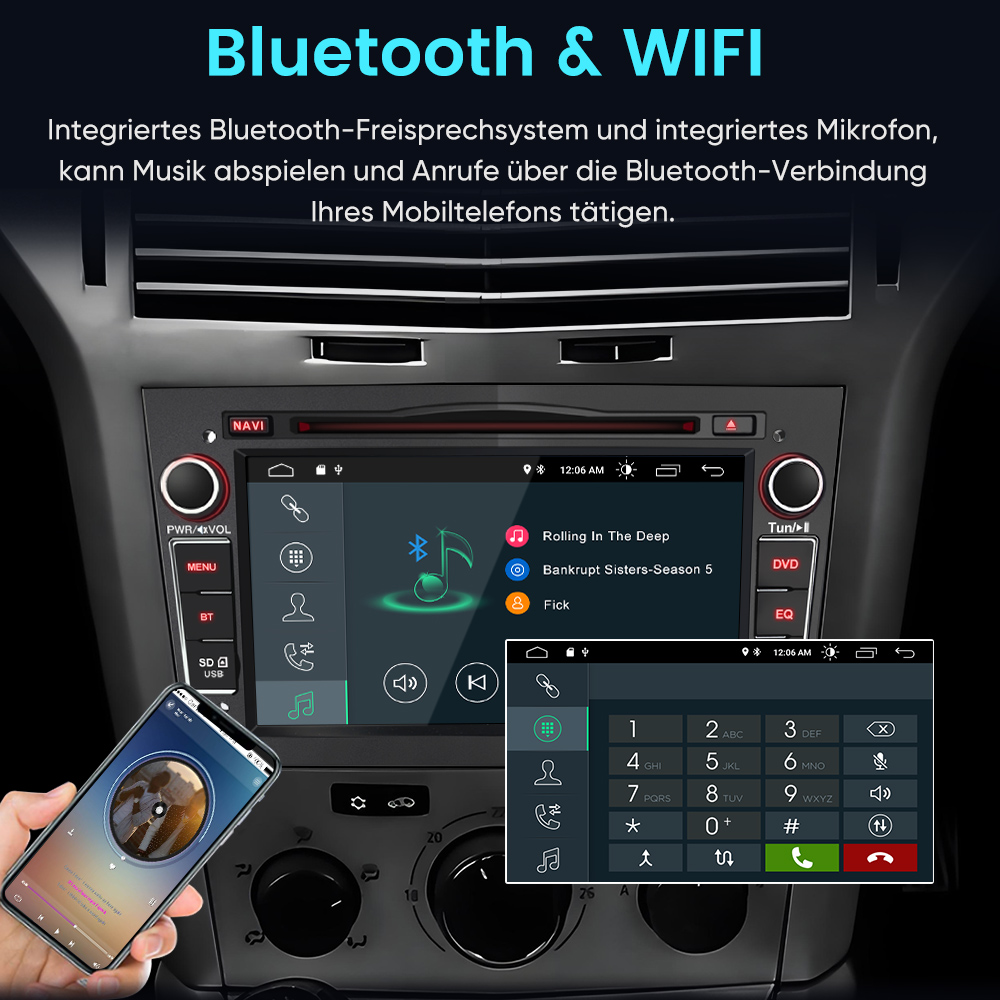 Ein Autoradio mit Touchscreen zeigt Musik und Telefonfunktionen. Ein Handy wird gehalten.