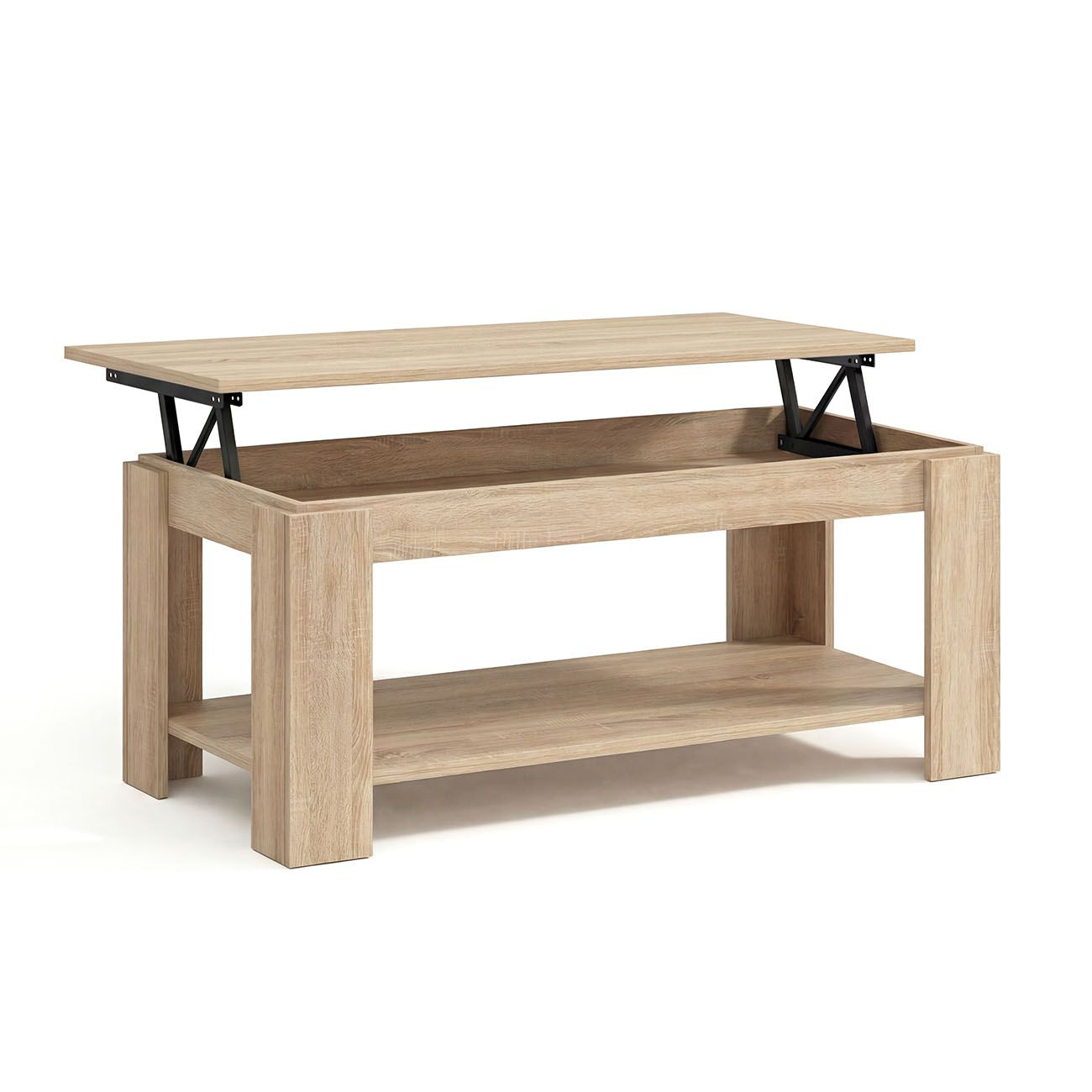 Una mesa de centro de madera clara con tapa elevable y estante inferior.