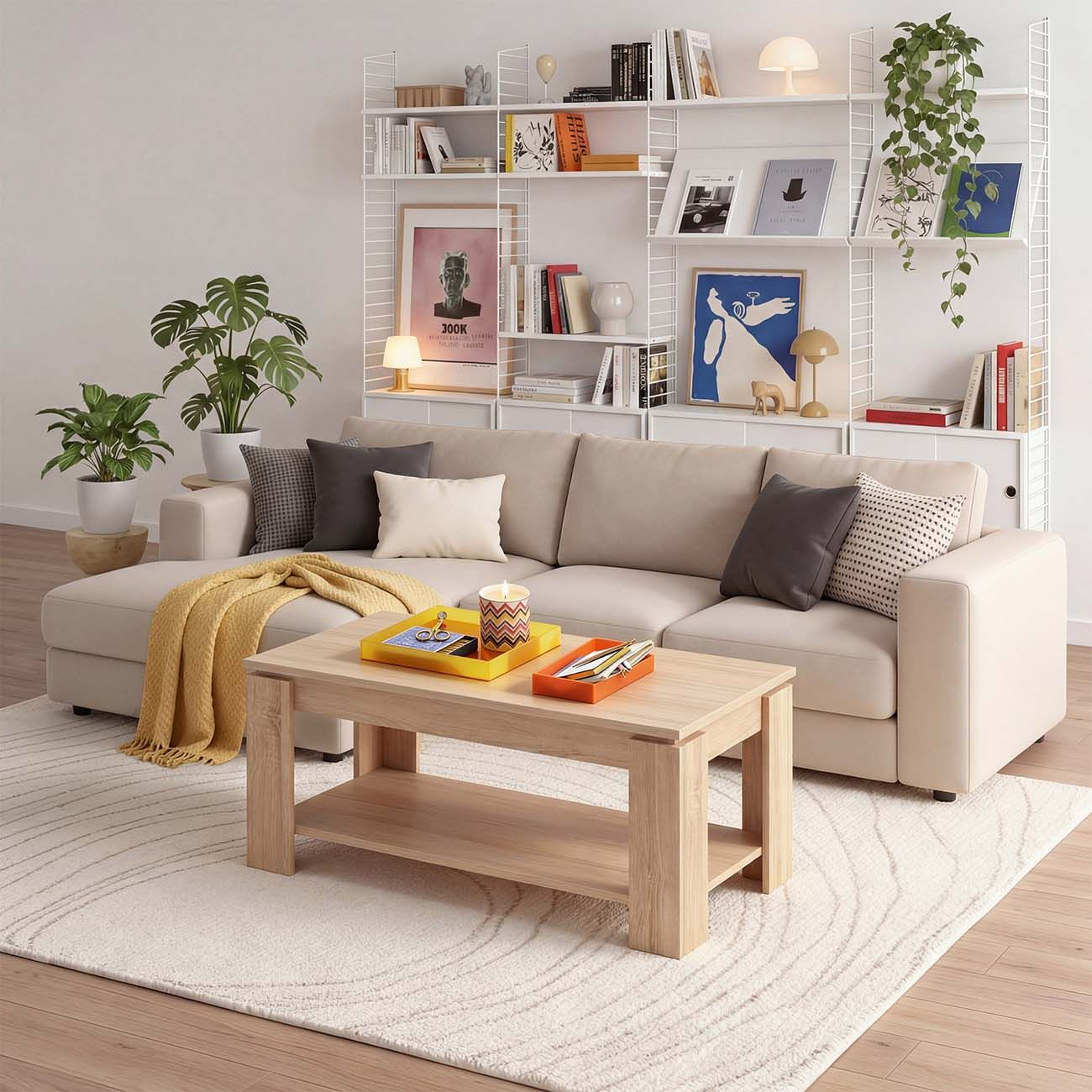 Una sala de estar luminosa con un sofá beige, mesa de centro de madera y estantería.