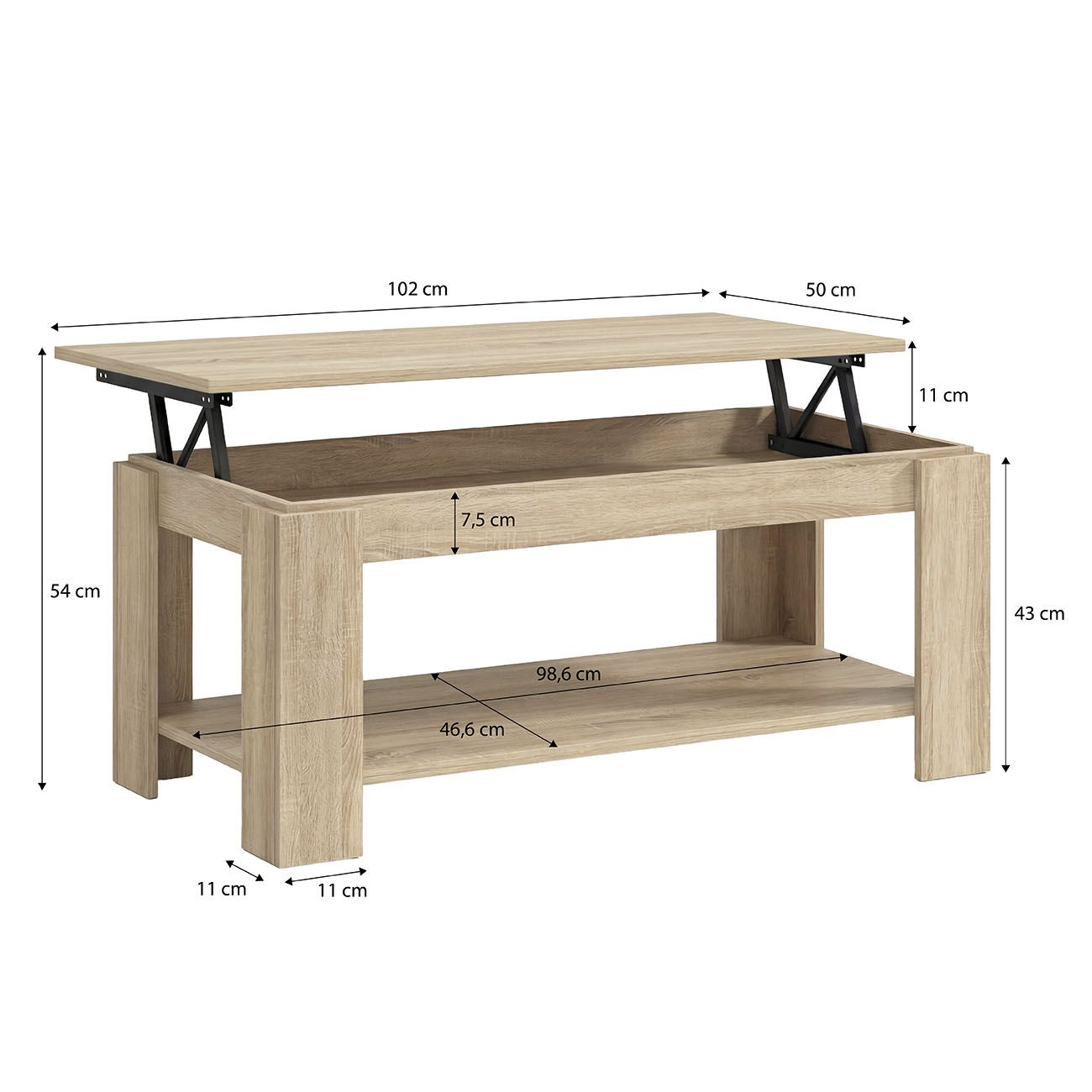 Una mesa de centro de madera clara con tapa elevable y dimensiones.
