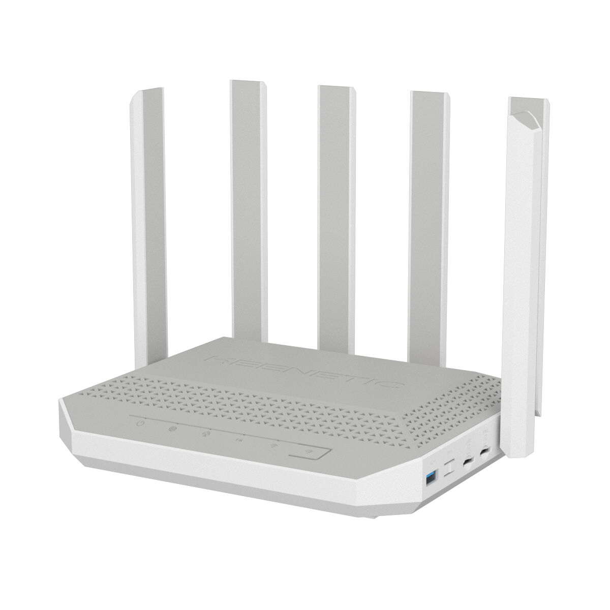 Un router Wi-Fi bianco con quattro antenne e scocca a fantasia.