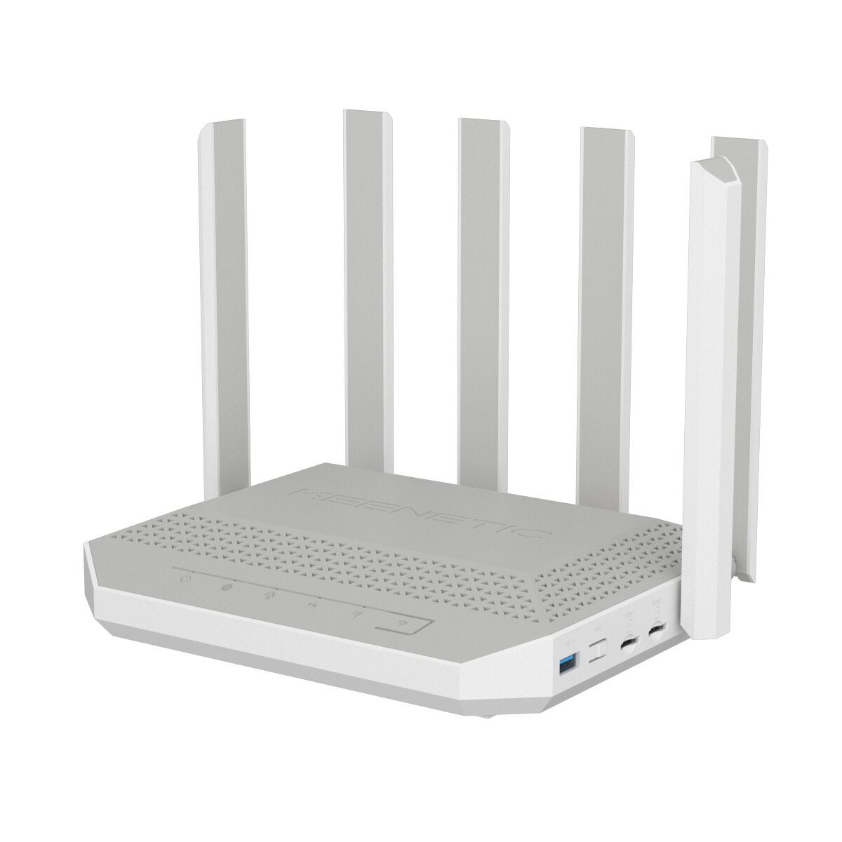 Un router Wi-Fi bianco con quattro antenne, su sfondo bianco.