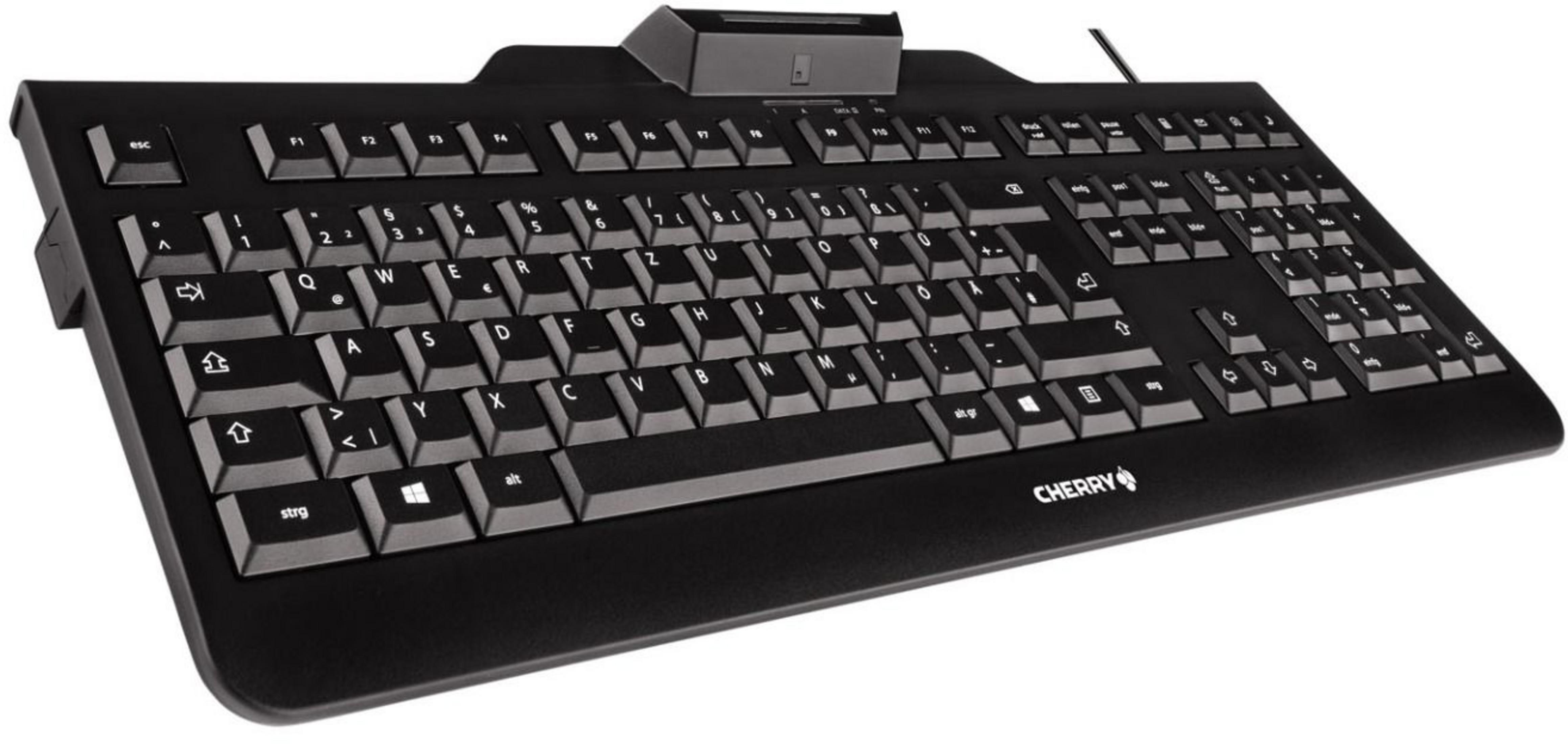 Schwarze Computertastatur mit Nummernblock und Cherry-Logo.