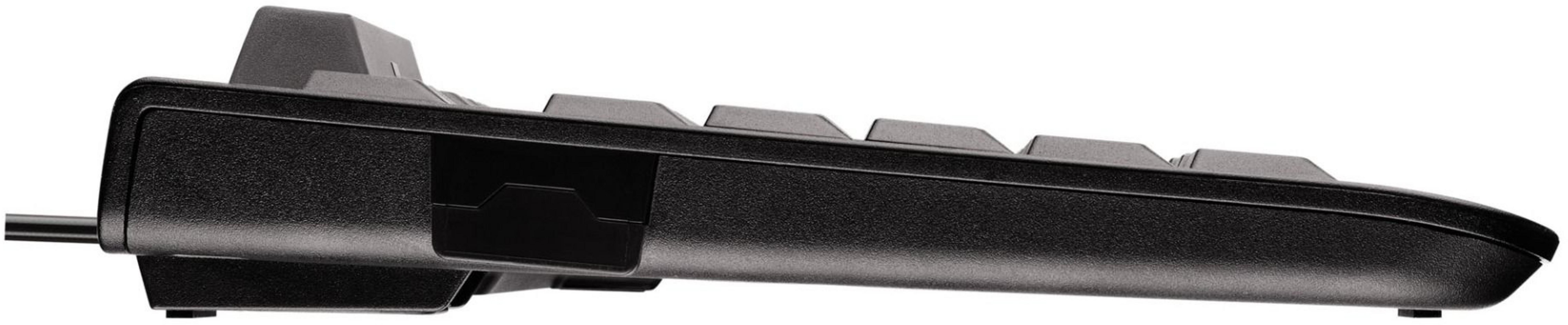 Schwarze Tastaturseite mit Tasten und Kabelanschluss, weißer Hintergrund.