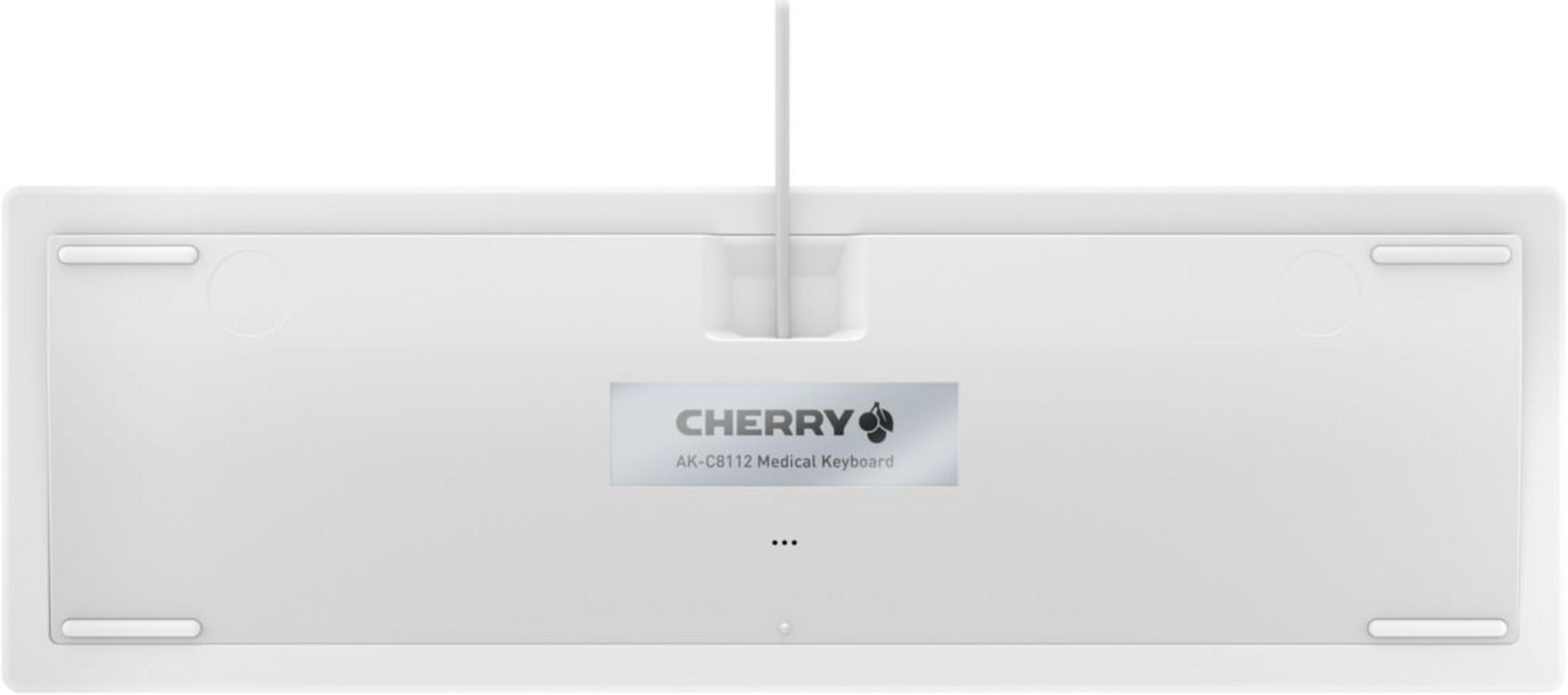 Tastiera medica Cherry AK-C8112 bianca, vista da dietro con cavo.
