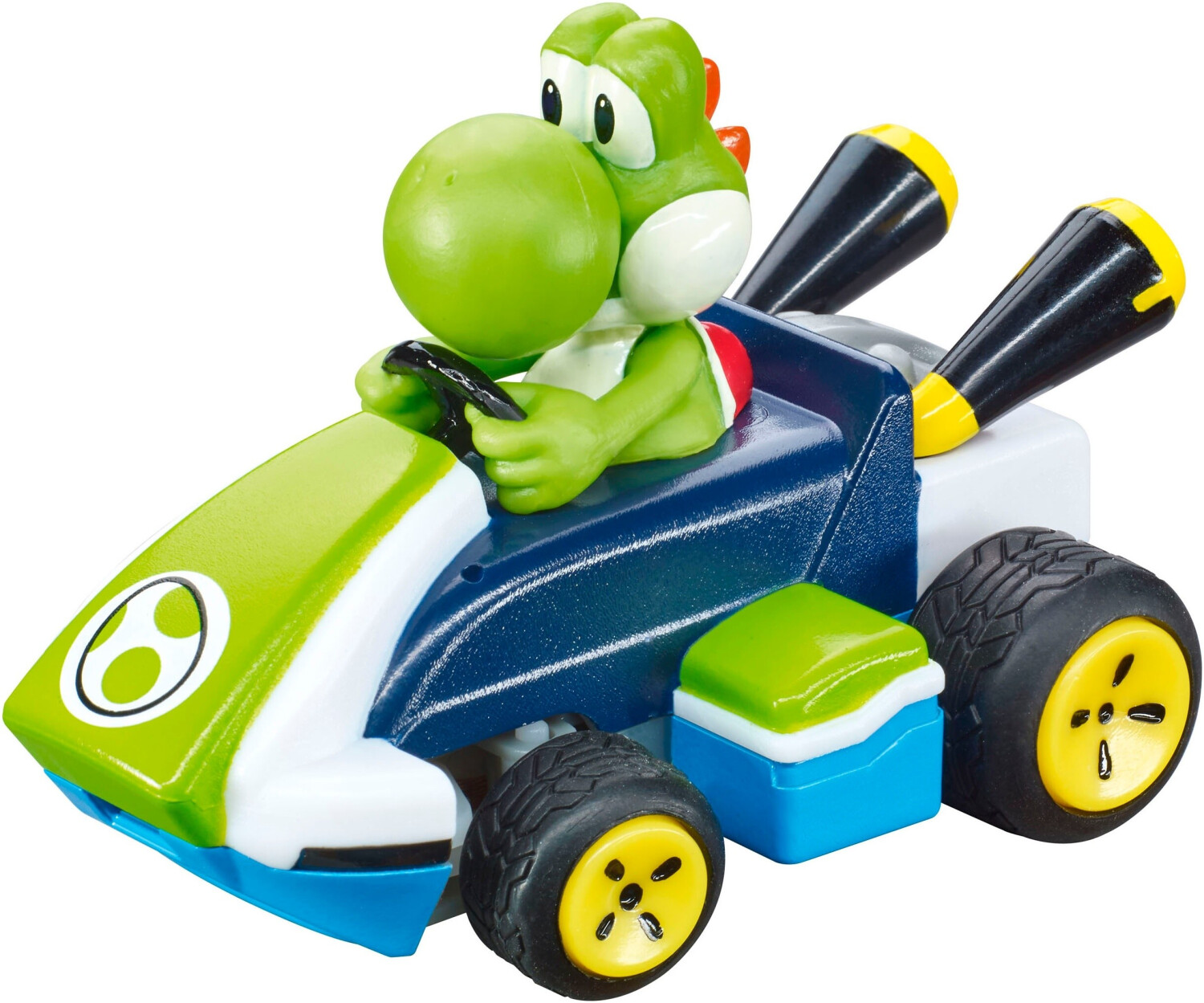 Una figura giocattolo di Yoshi verde guida un'auto da corsa blu e bianca con accenti gialli.