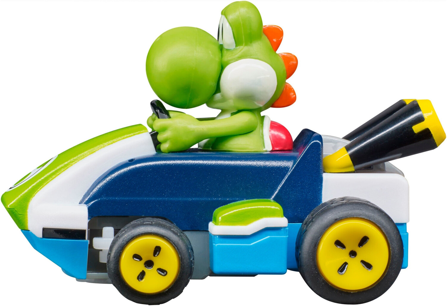 Yoshi verde guida un go-kart blu, bianco e verde con ruote gialle.