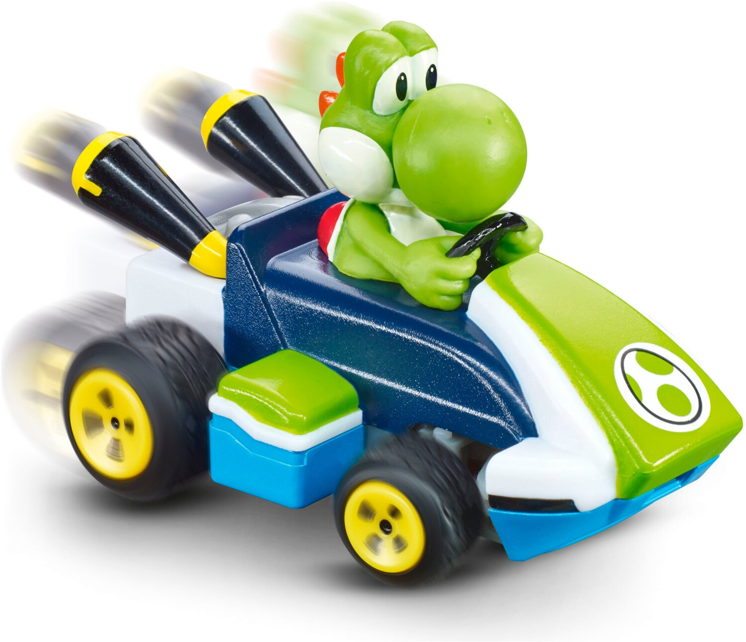 Yoshi verde guida un kart con accenti blu, bianchi e verdi, con motion blur.