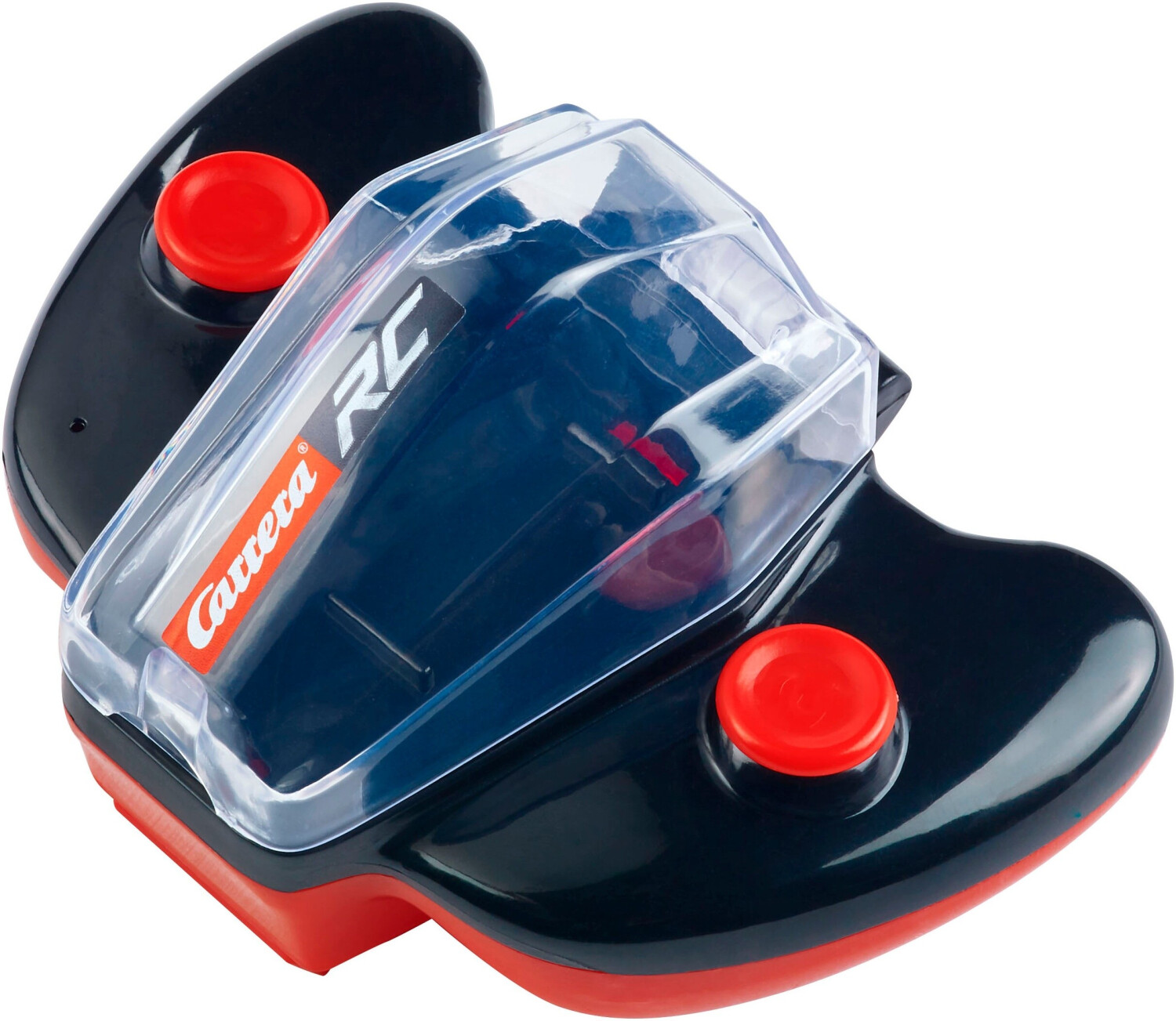 Controller RC nero con pulsanti rossi e coperchio trasparente.