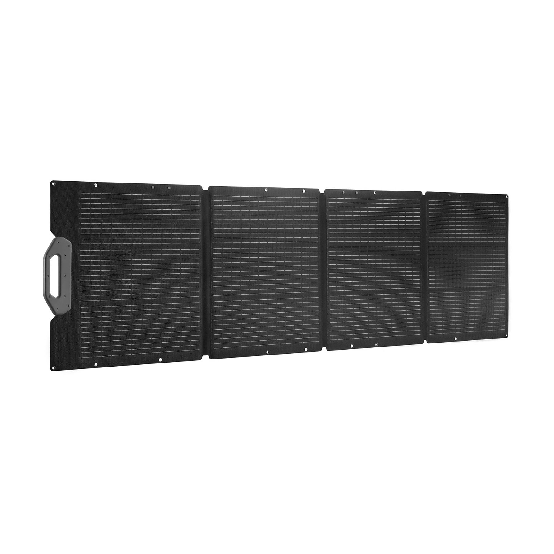 Un pannello solare pieghevole nero a quattro sezioni con maniglia.