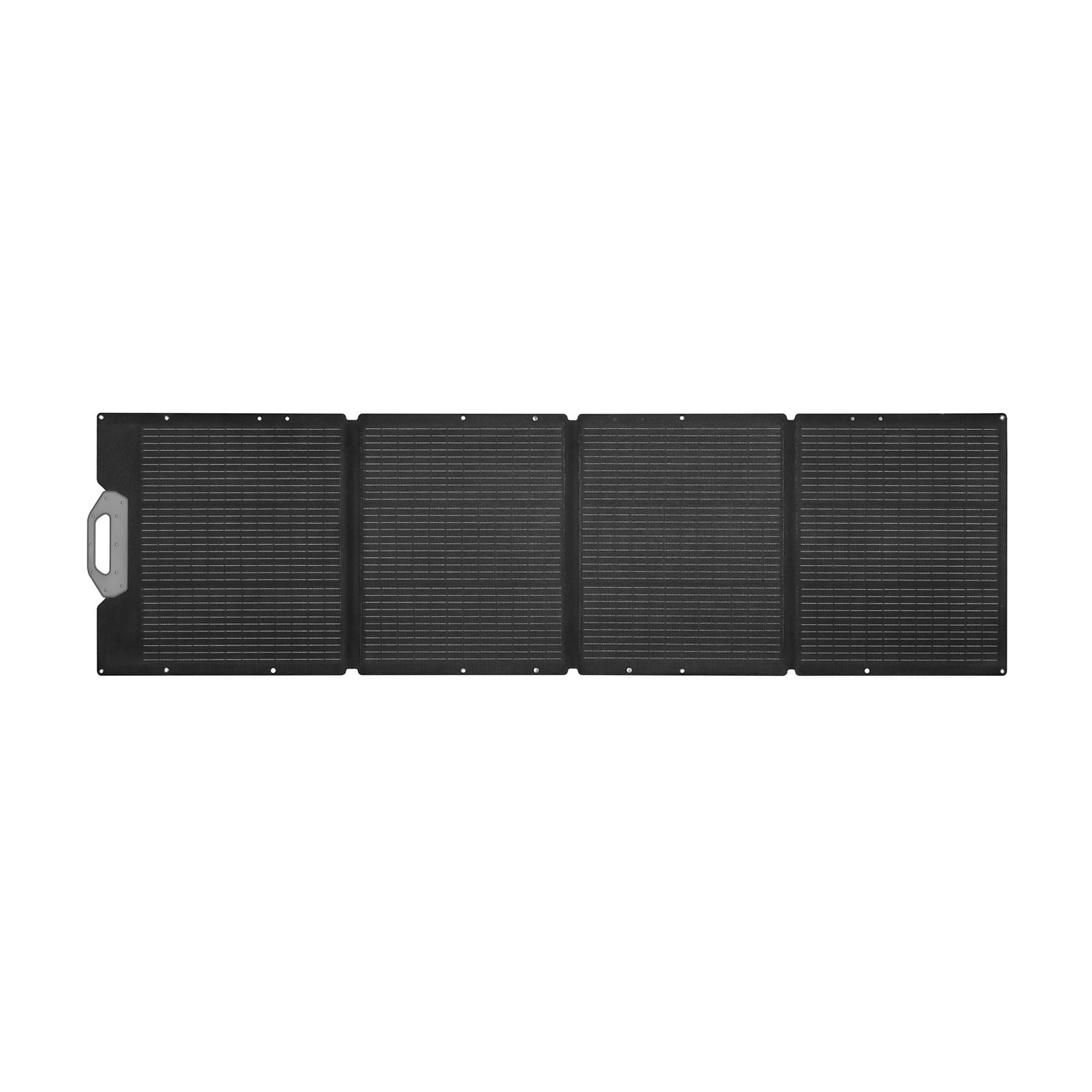 Un pannello solare pieghevole nero con quattro sezioni e una maniglia sul lato sinistro.