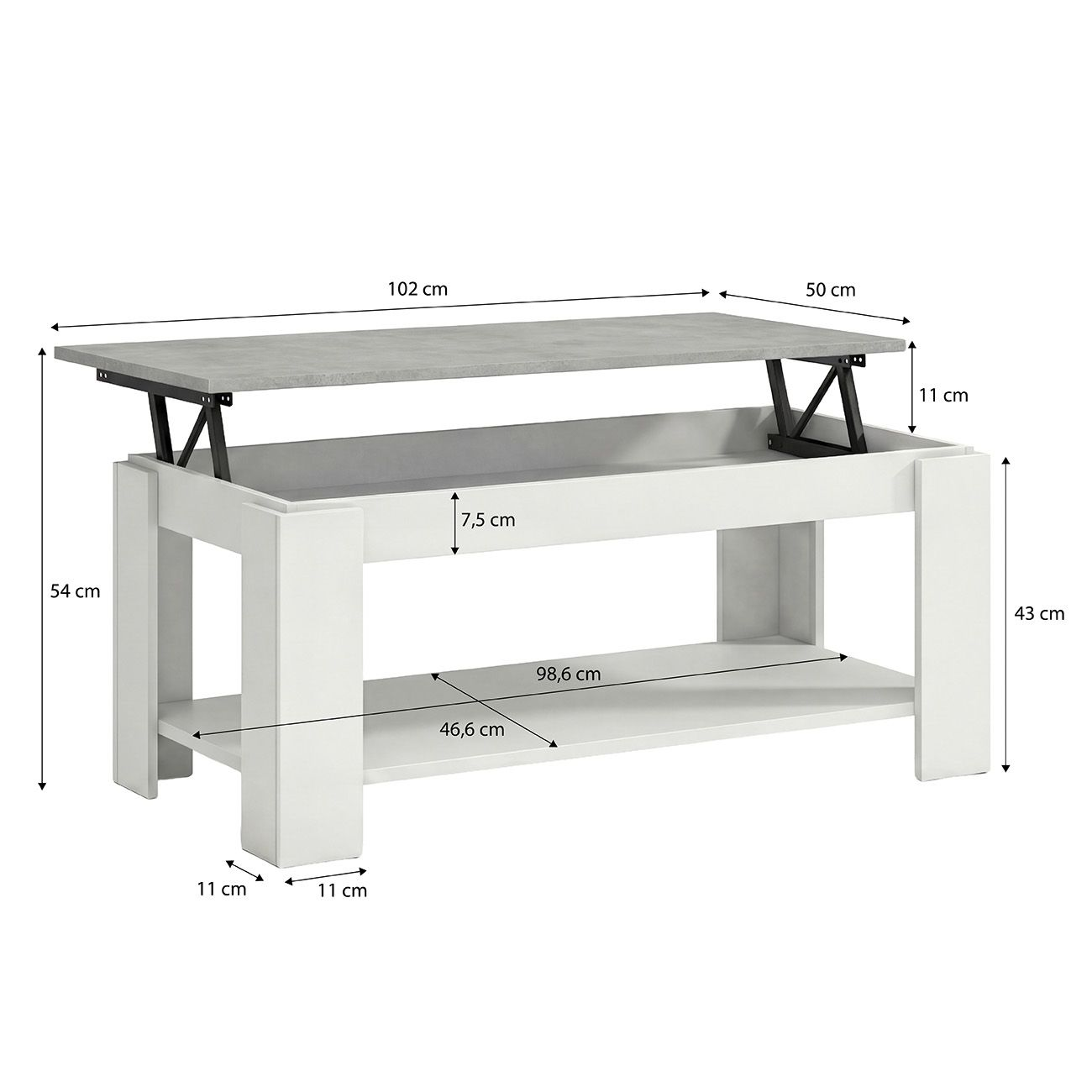 Mesa de centro blanca con tapa elevable gris, dimensiones mostradas. 102x50x43cm.