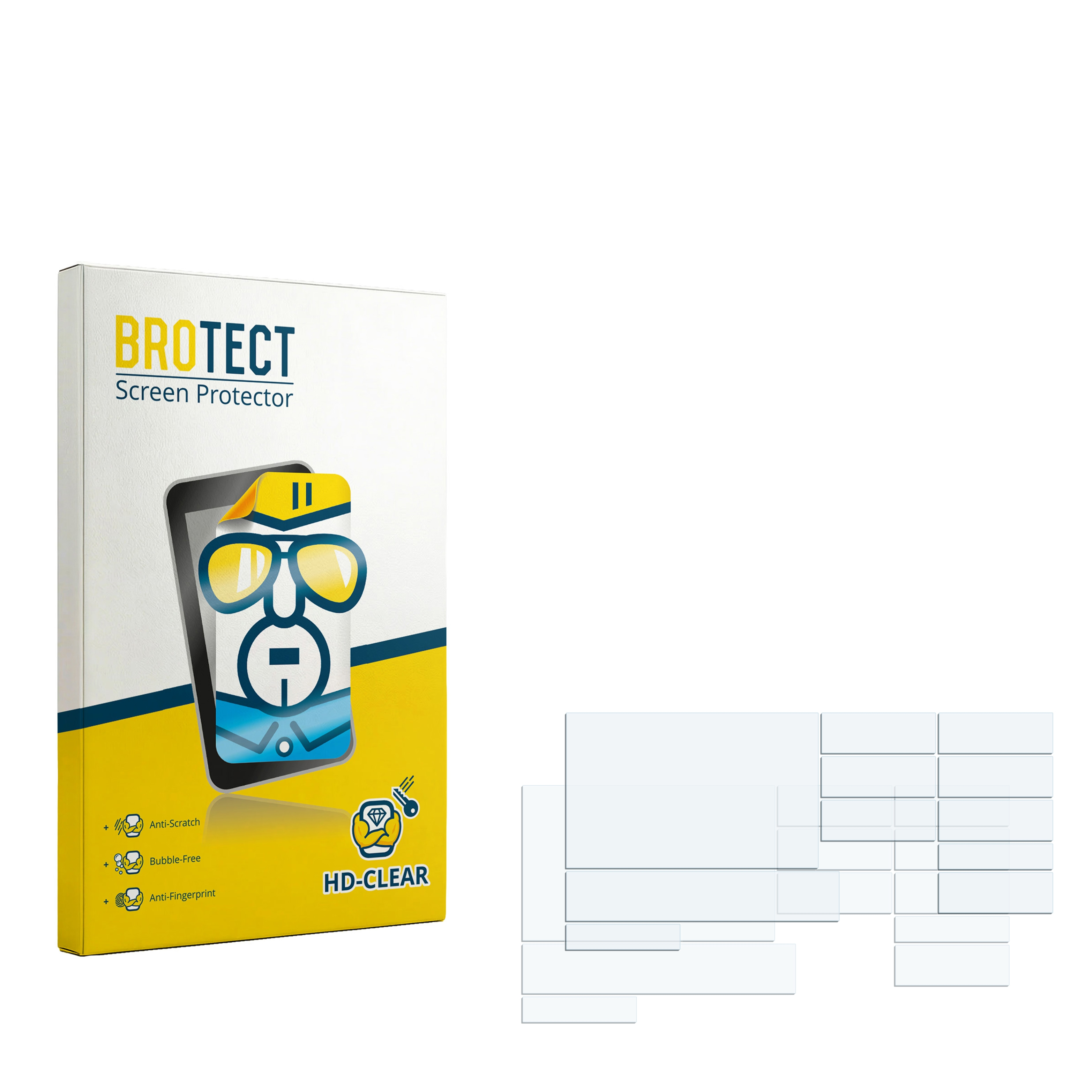 BROTECT Displayschutzfolien-Verpackung mit Merkmalen und Handy-Grafik. Mehrere Klarsichtfolien sind abgebildet.