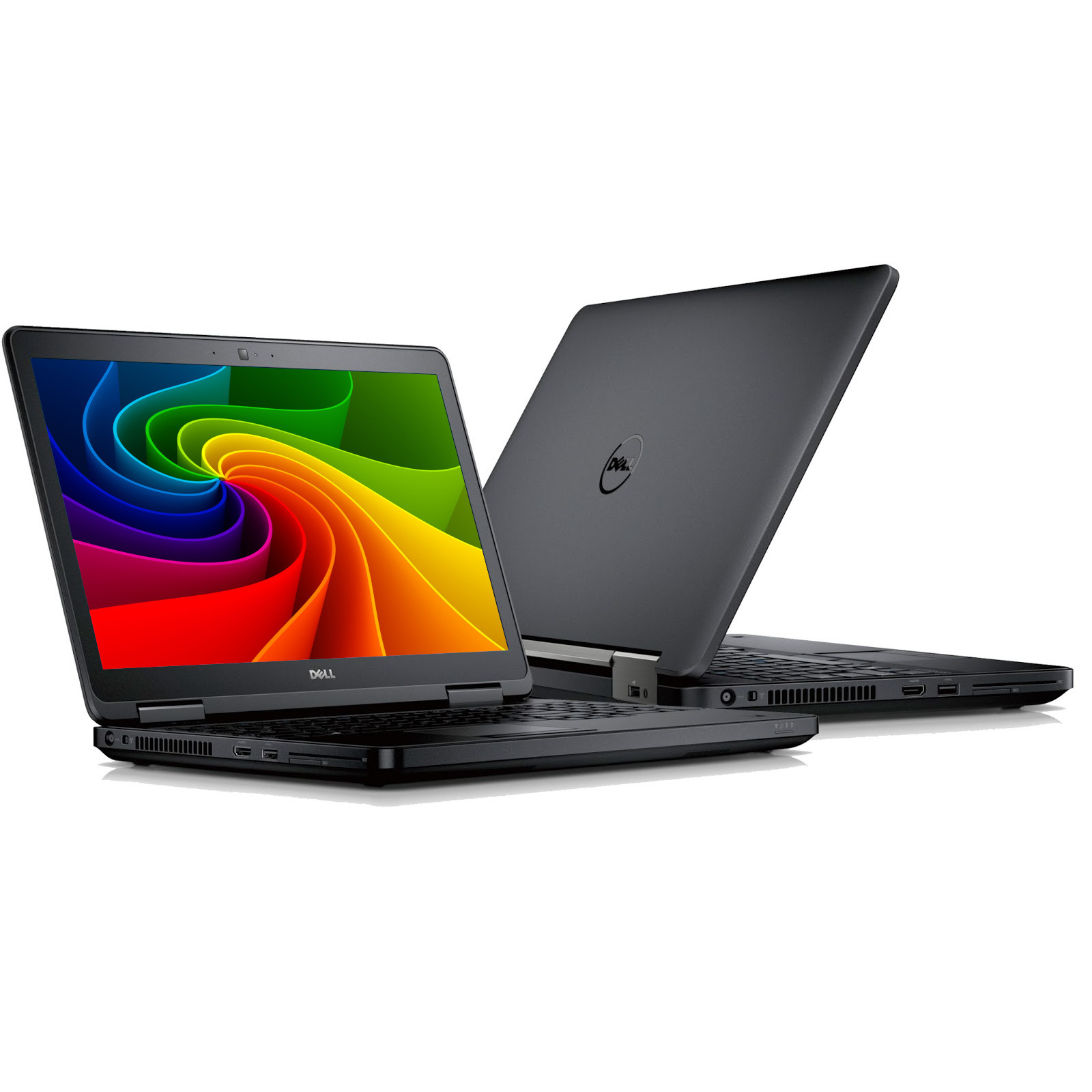 Zwei schwarze Dell Laptops mit buntem Hintergrund auf dem linken Bildschirm.