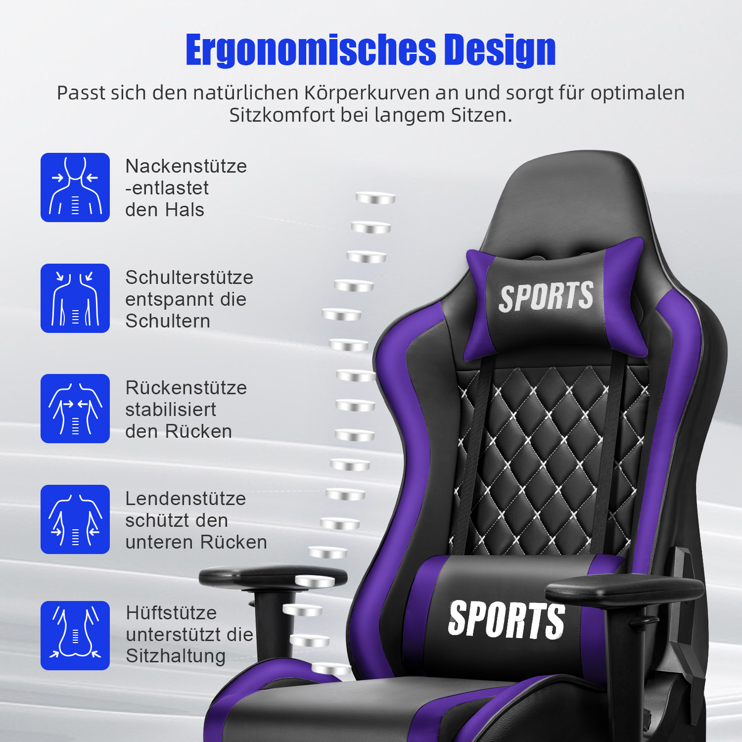 Schwarzer und violetter Gaming-Stuhl mit ergonomischem Design, Nacken- und Lendenstütze.