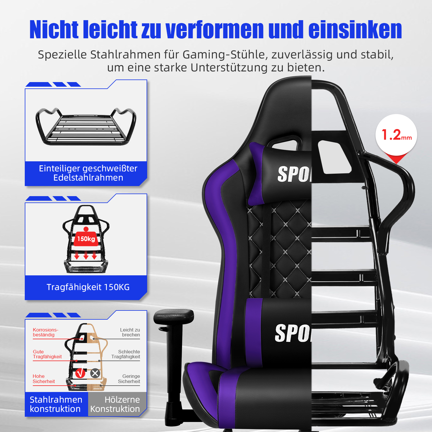 Ein Gaming-Stuhl mit schwarzem und lila Leder, Stahlrahmen mit 150kg Tragfähigkeit.