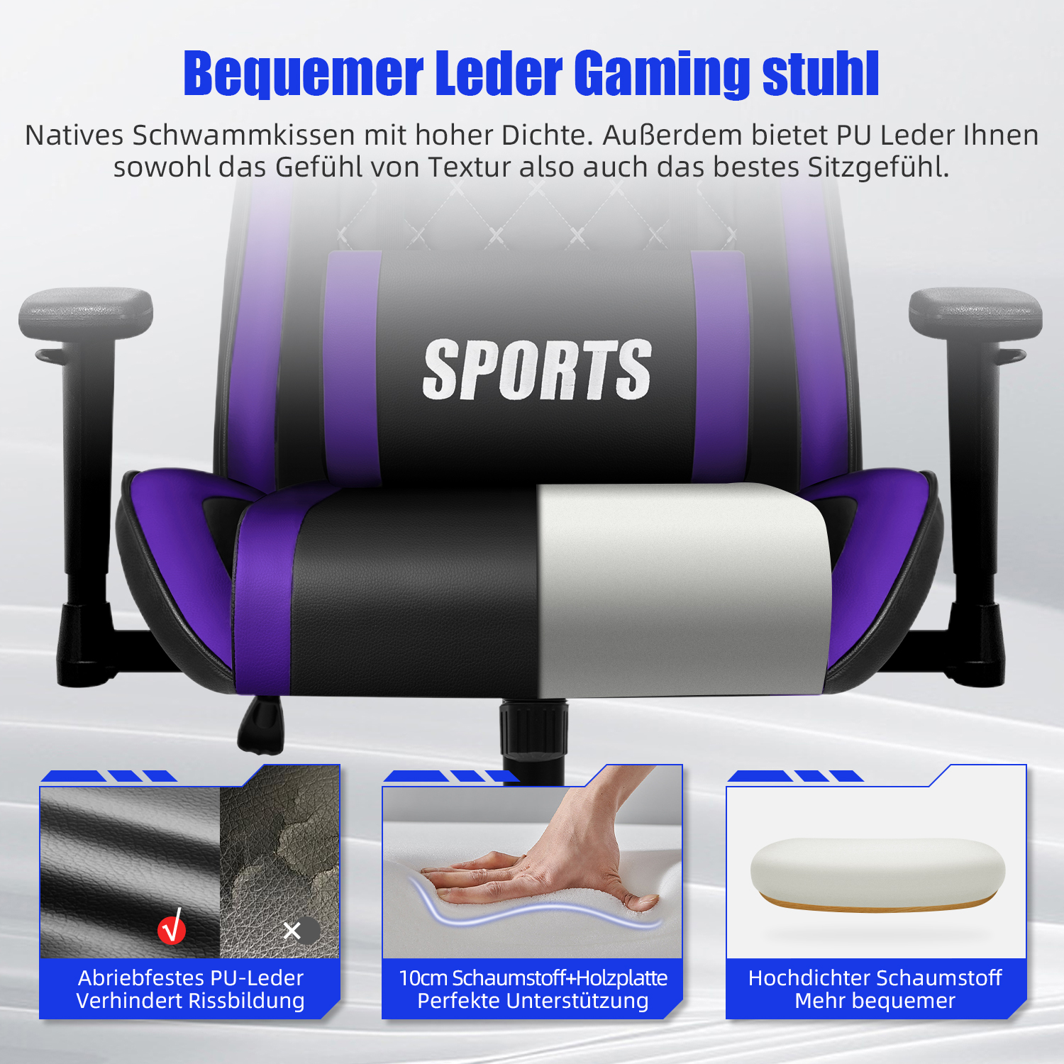 Ein lila-schwarzer Gaming-Stuhl mit dem Wort "SPORTS" auf der Rückenlehne.
