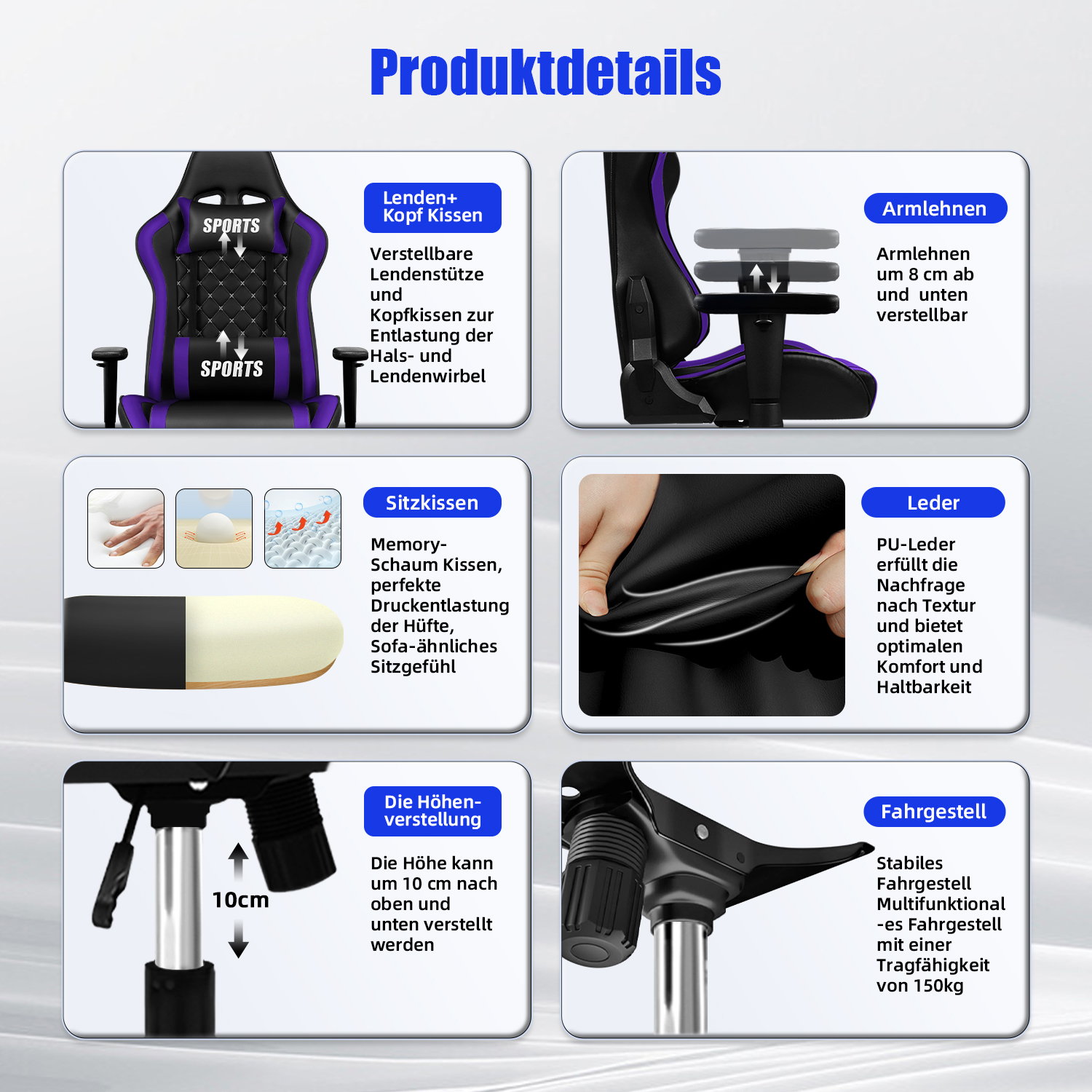 Produktbild mit Details zu einem schwarzen und violetten Gaming-Stuhl: Lendenkissen, Armlehnen, Sitzkissen, Leder, Höhenverstellung, Fahrgestell.