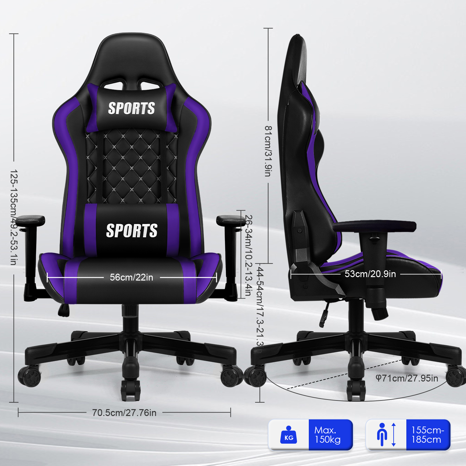 Schwarzer und violetter Gaming-Stuhl mit „SPORTS“-Logo, Maße sind angegeben.