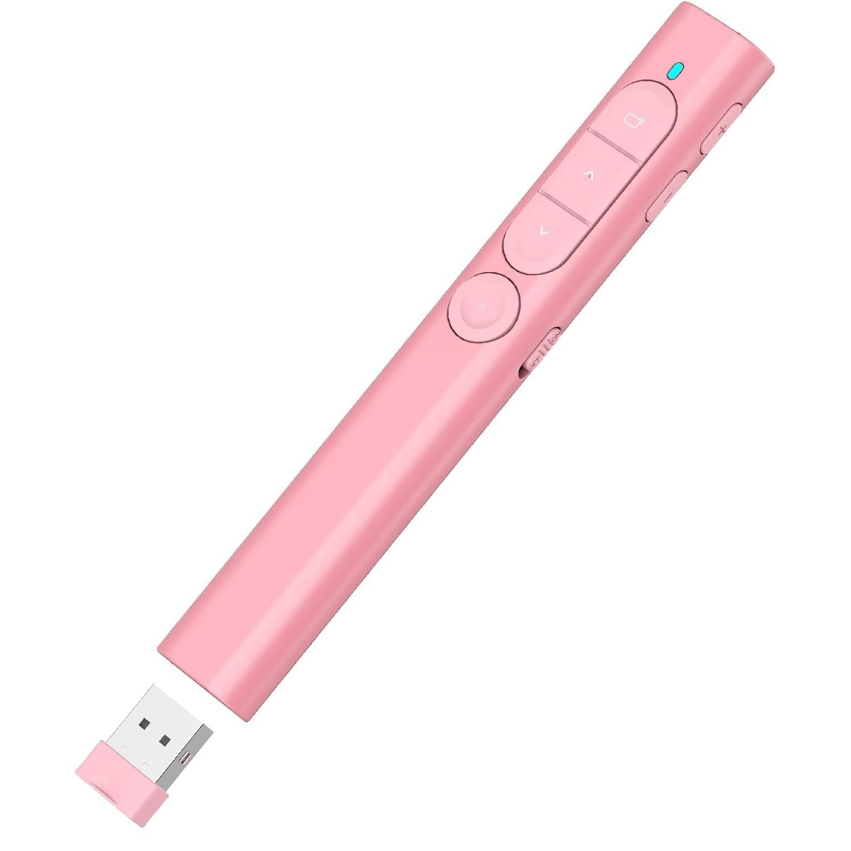 Ein rosa Laserpointer mit USB-Empfänger und verschiedenen Tasten.
