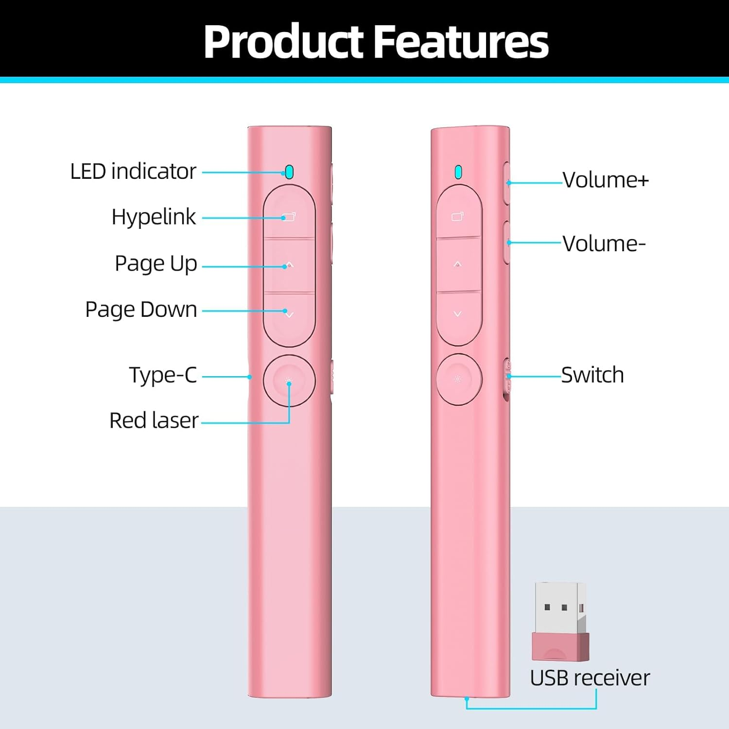 Zwei rosafarbene Laserpointer nebeneinander mit Beschriftungen.