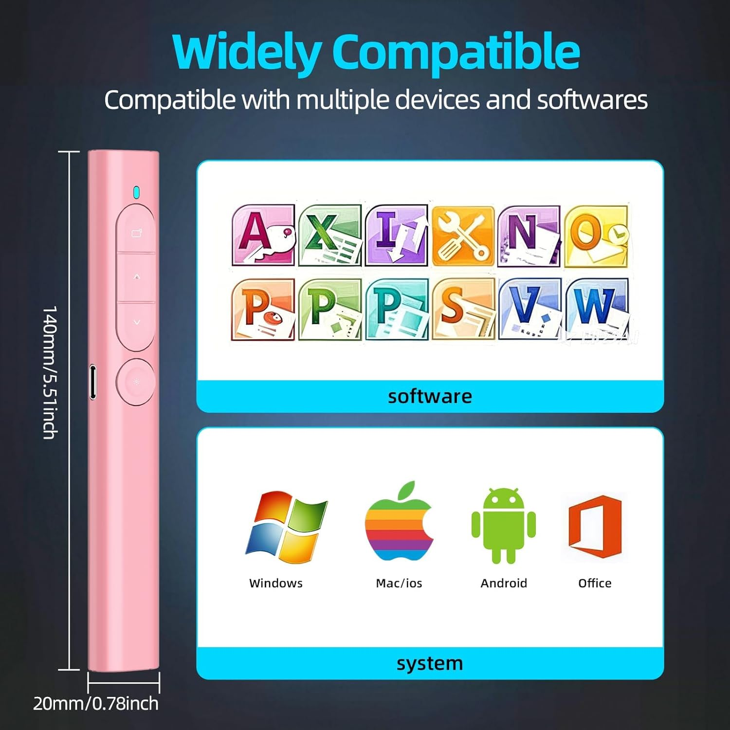 Pinker Präsentationsstift Maße 140 mm x 20 mm. Symbole zeigen Software- und Systemkompatibilität.