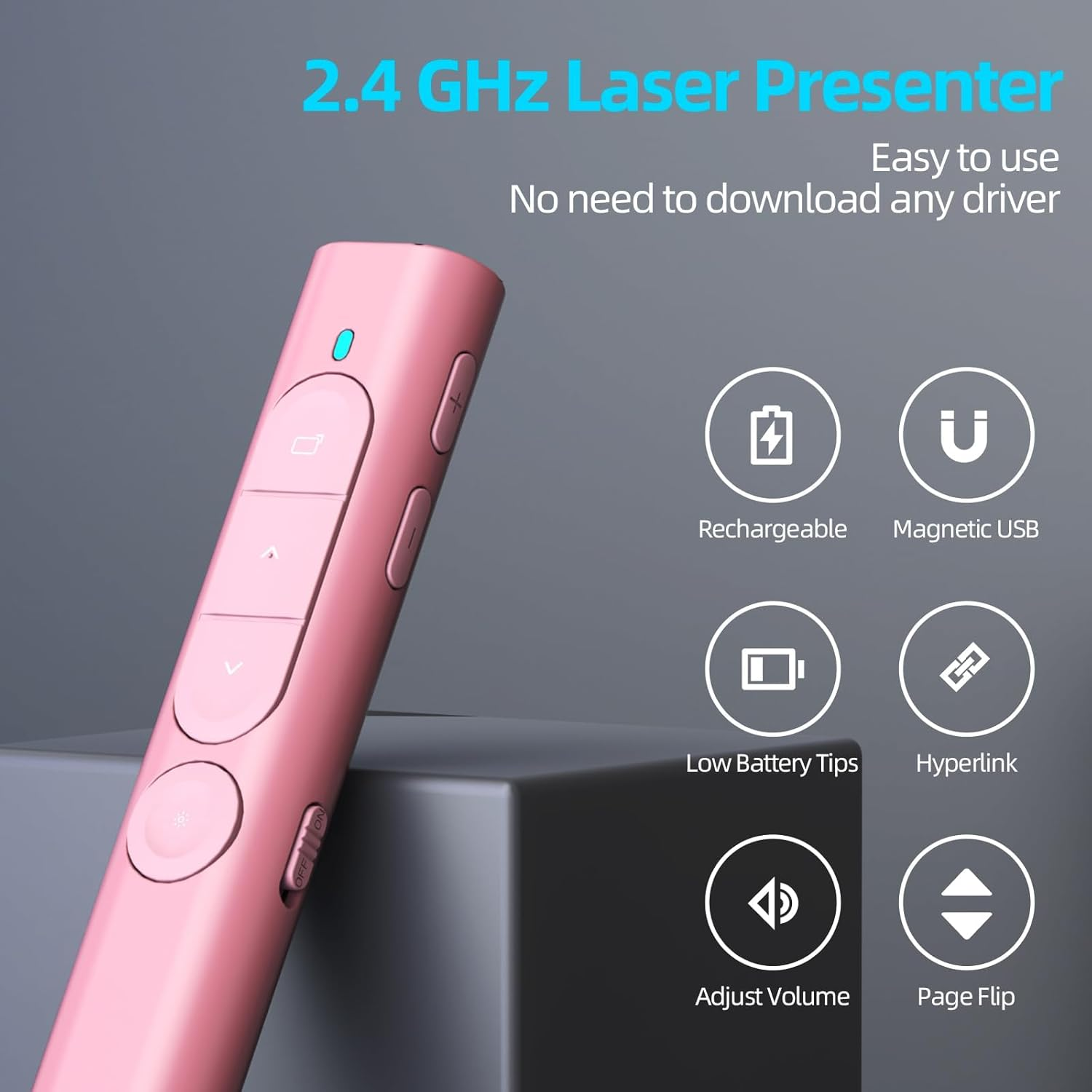 Rosa 2,4-GHz-Laser-Presenter mit Tasten und Funktionssymbolen.
