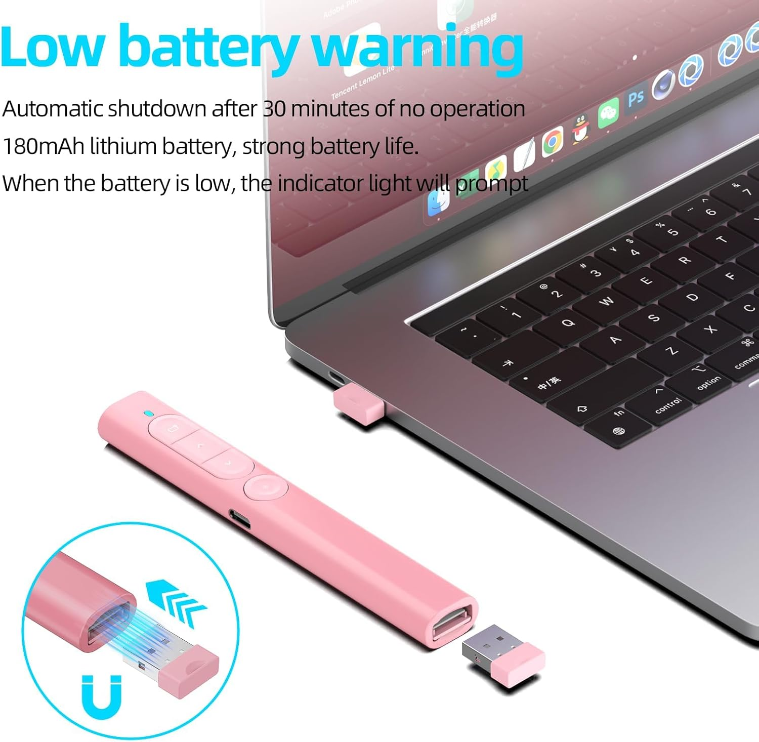 Ein pinker Präsentationsklicker mit USB-Dongle neben einem Laptop.