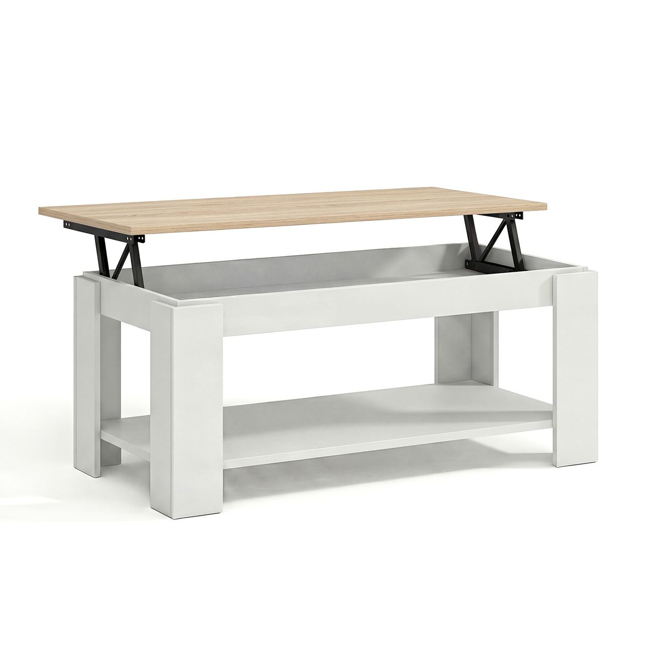 Mesa de centro blanca con tapa de madera abatible y estante.